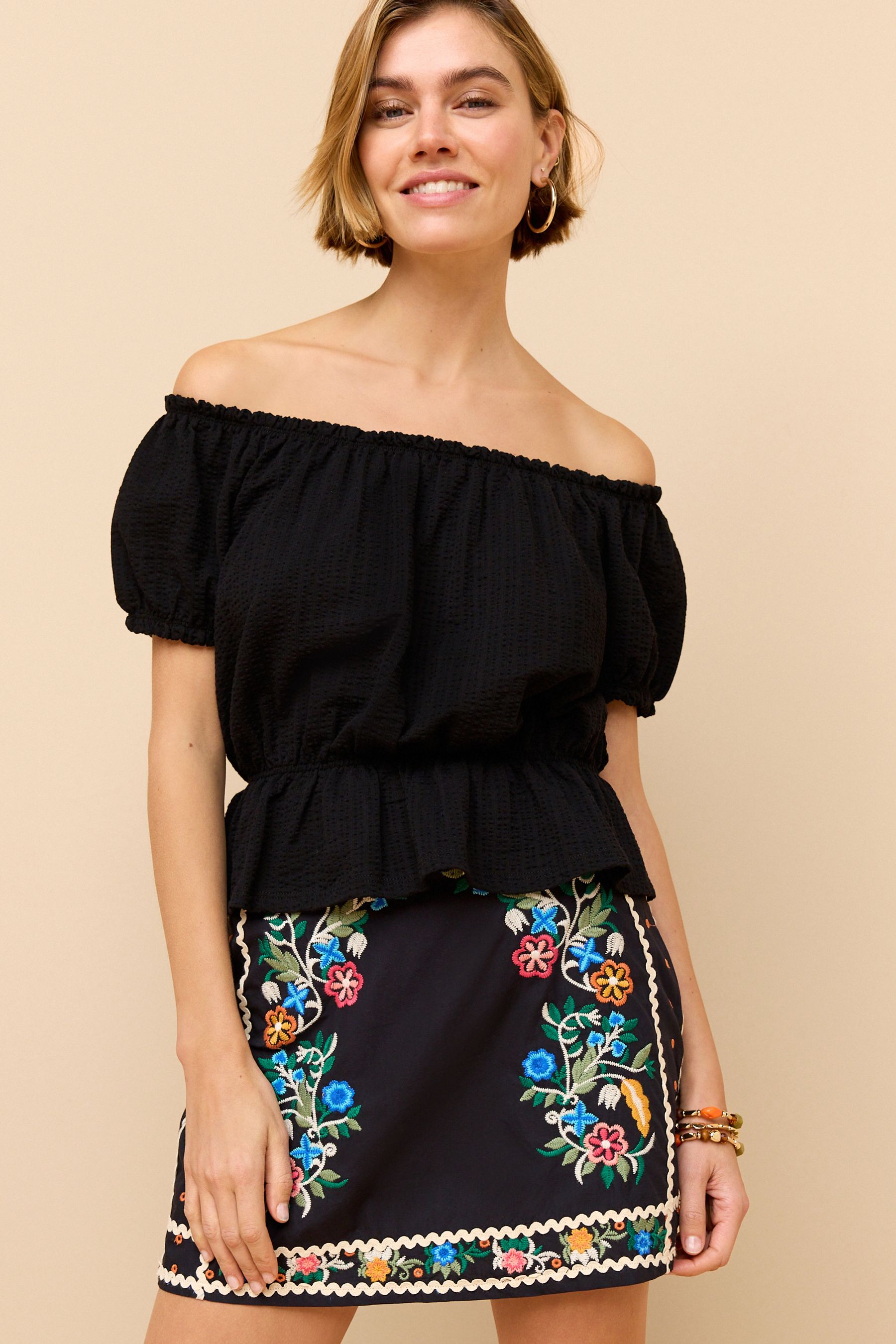 Navy Cotton Embroidered 100 Cotton Mini Skirt