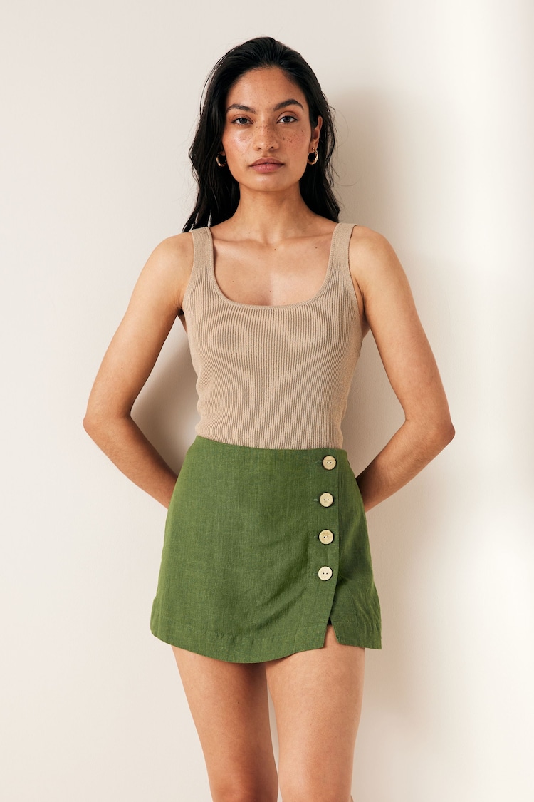 Khaki Green Linen Blend Skort - Image 1 of 8