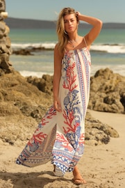 White/Blue/Red Tie Back Maxi Dress With Linen - Image 1 of 6