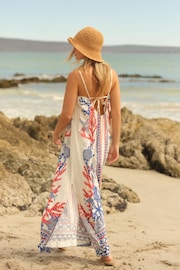 White/Blue/Red Tie Back Maxi Dress With Linen - Image 3 of 6