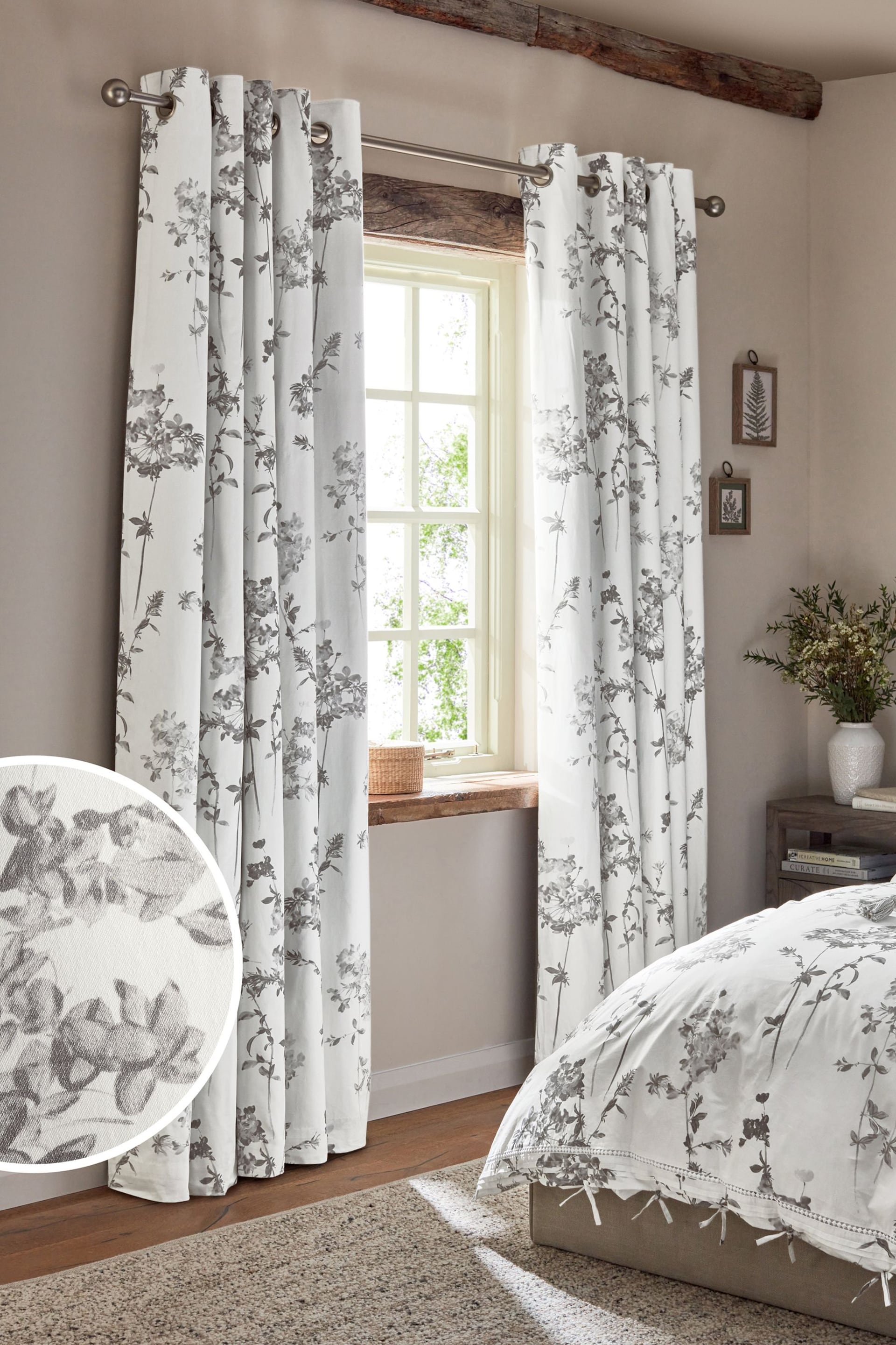 Grey Floral Eyelet Blackout/Thermal Curtains - Image 1 of 9