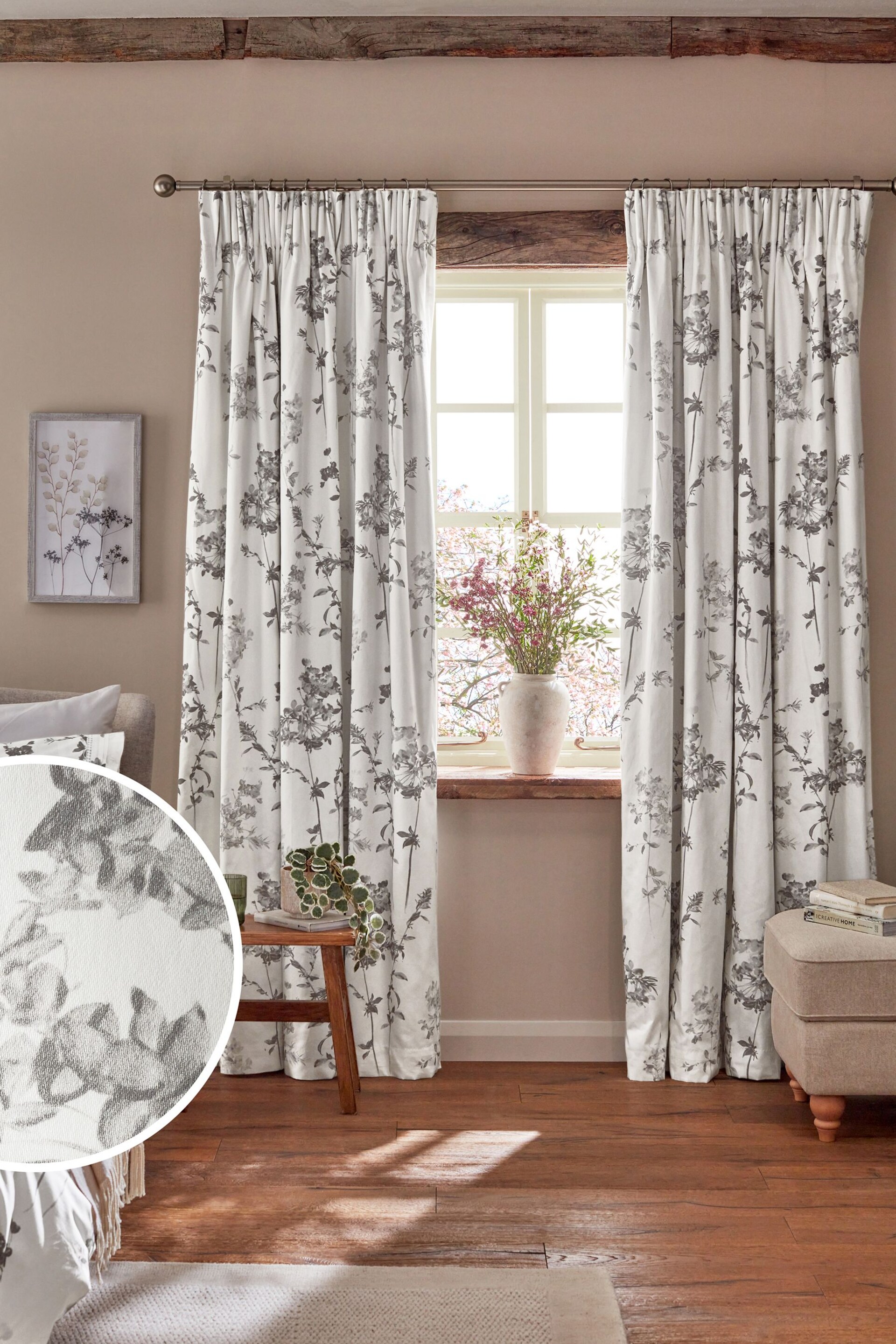 Grey Floral Pencil Pleat Blackout/Thermal Curtains - Image 1 of 9
