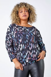 Roman Blue Curve Animal Split Sleeve Stretch Top - Image 1 of 5