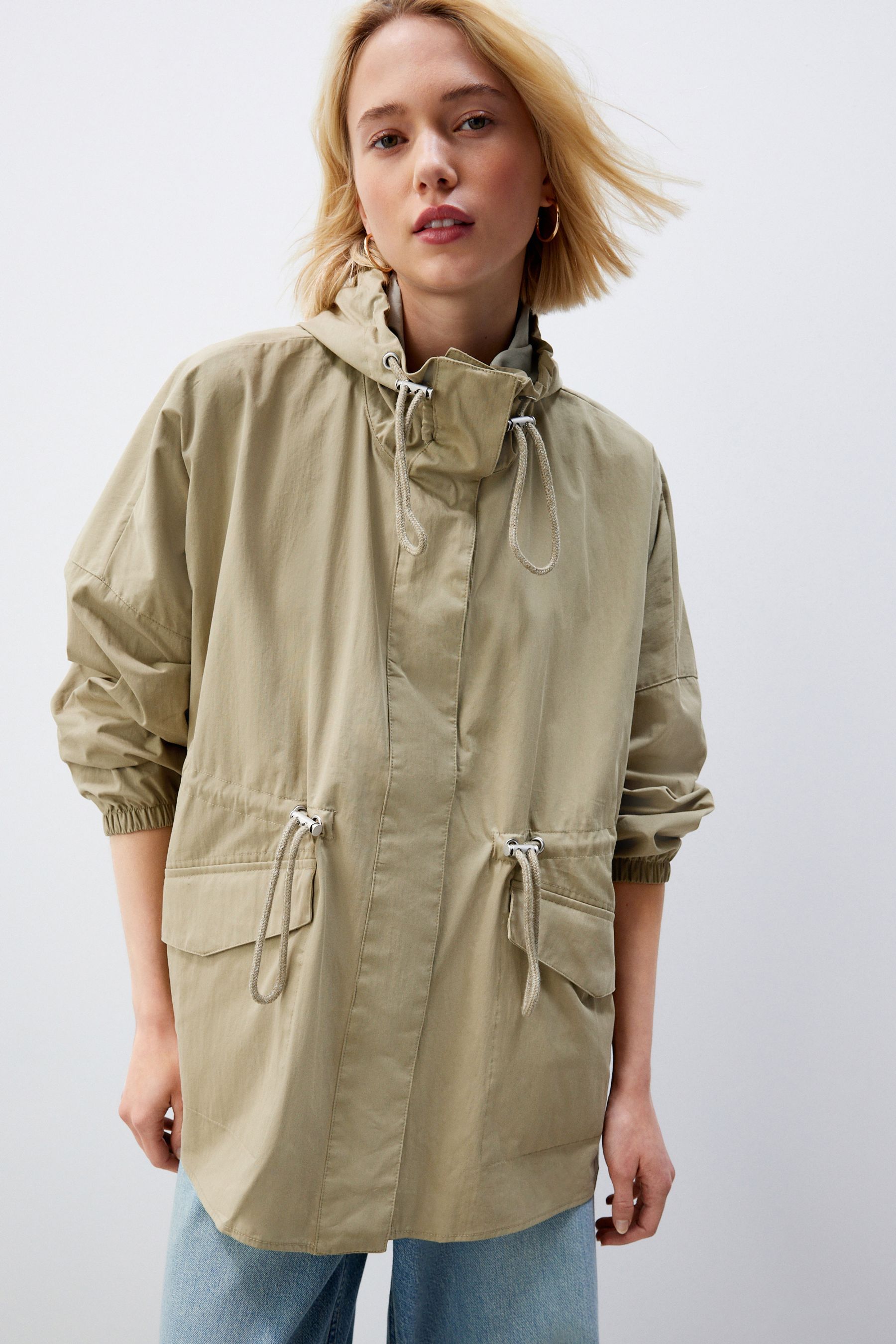 Khaki Green Shower Resistant Waisted Hooded Raincoat