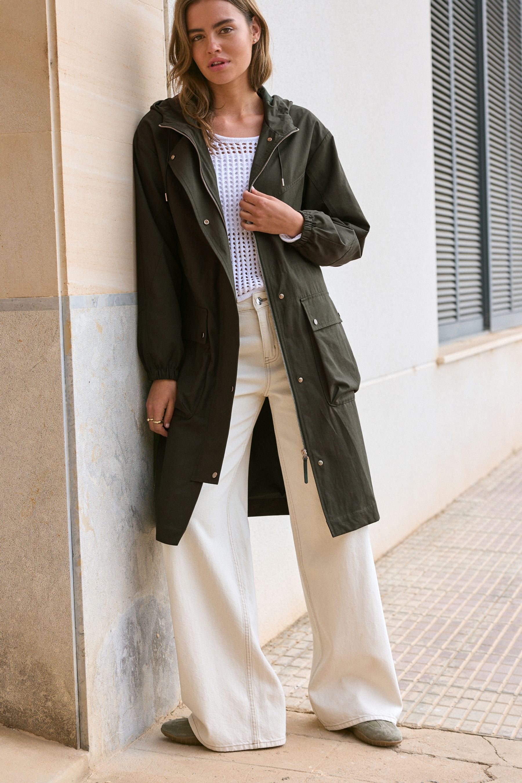 Buy Khaki Green Lightweight Shower Resistant Hooded Longline Parka from Next Canada