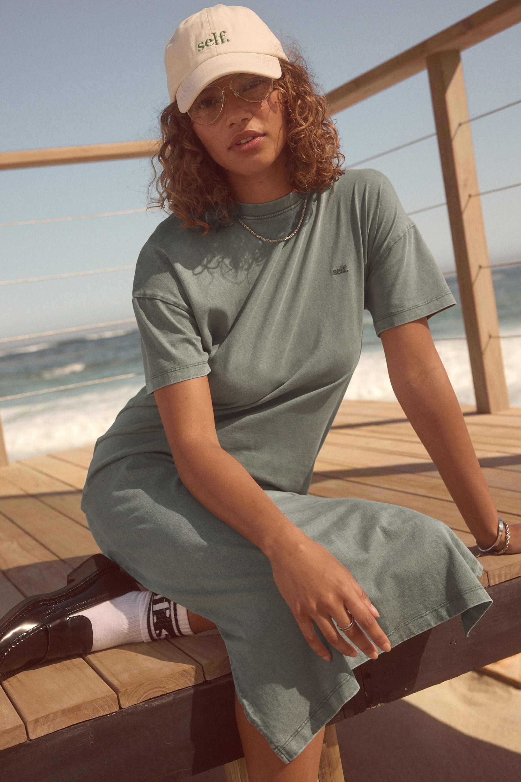 self. Khaki Green 100 Cotton T Shirt Dress