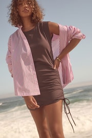 Chocolate Brown Self Ruched T-Shirt Mini Dress - Image 1 of 8