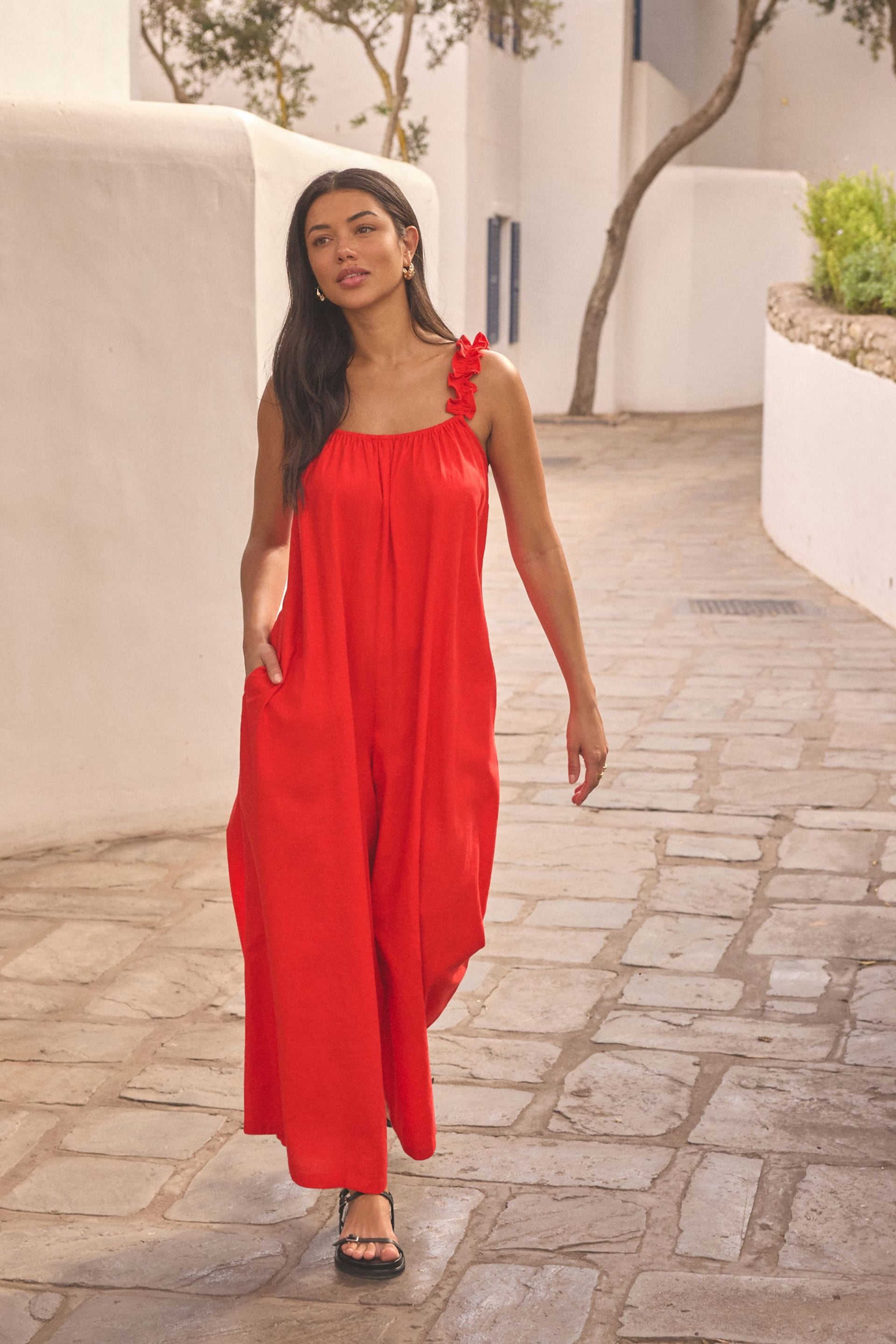Red Ruffle Strap Wide Leg Jumpsuit - Image 1 of 2