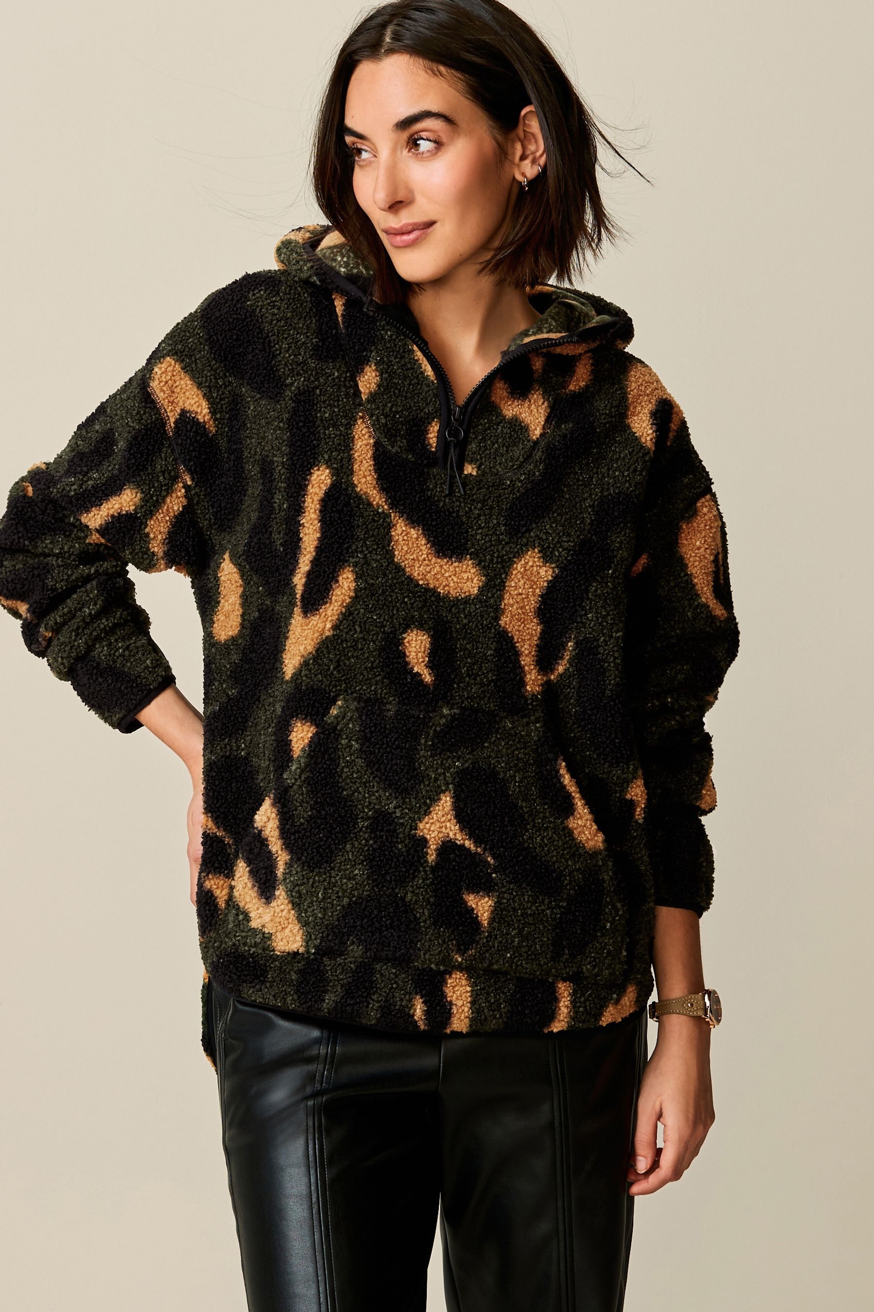 Buy Khaki Green Animal Outdoor Next Elements Hooded Teddy Borg Quarter Zip Fleece from Next USA