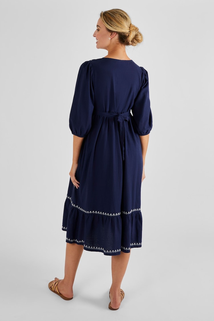 JoJo Maman Bébé Navy Linen Blend Embroidered Maternity Dress - Image 2 of 4