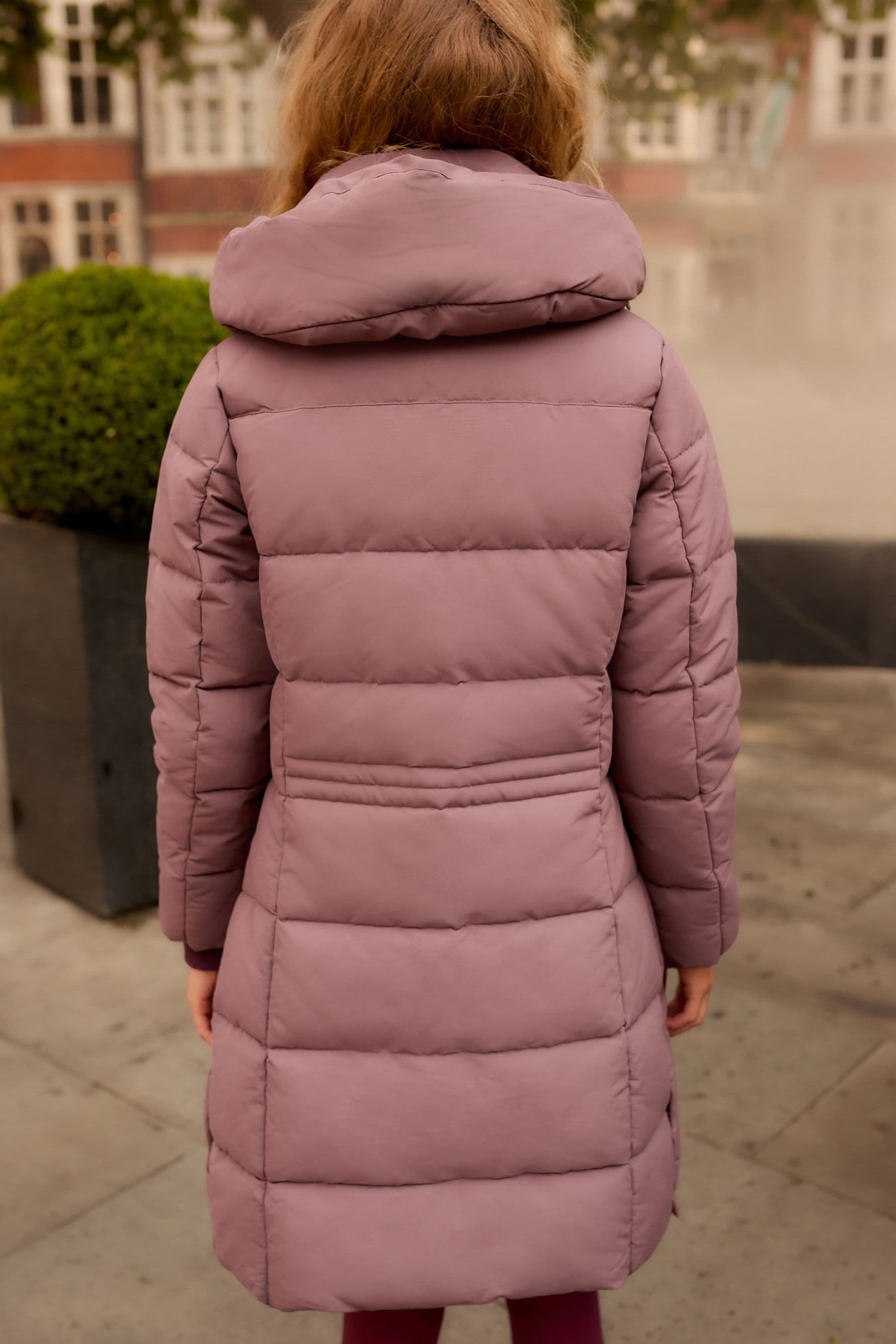 Rose Pink Shower Resistant Padded Puffer Hooded Mid Length Coat