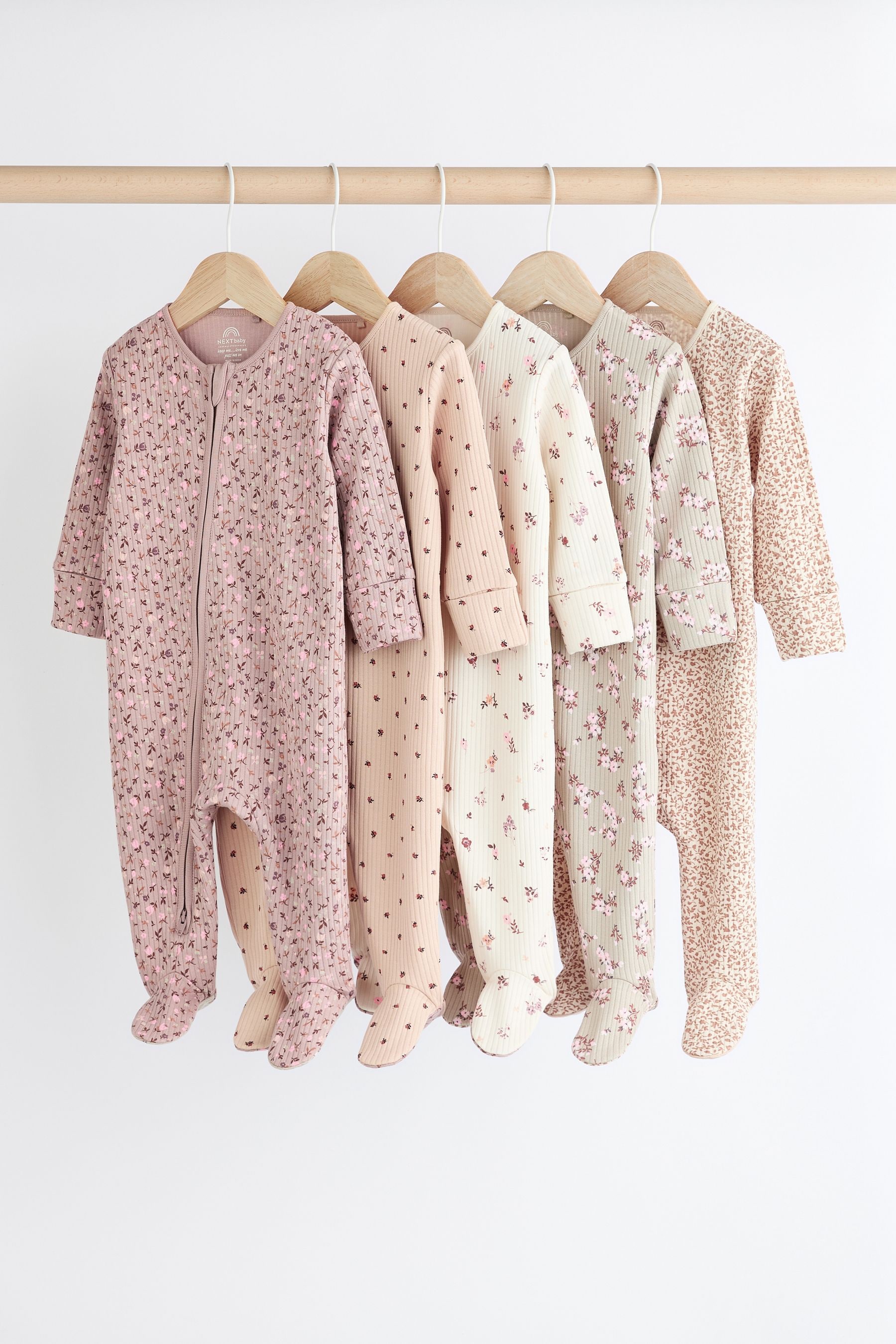 Caramel Brown 100 Cotton Two Way Zip Baby Sleepsuits 5 Pack 0 2yrs