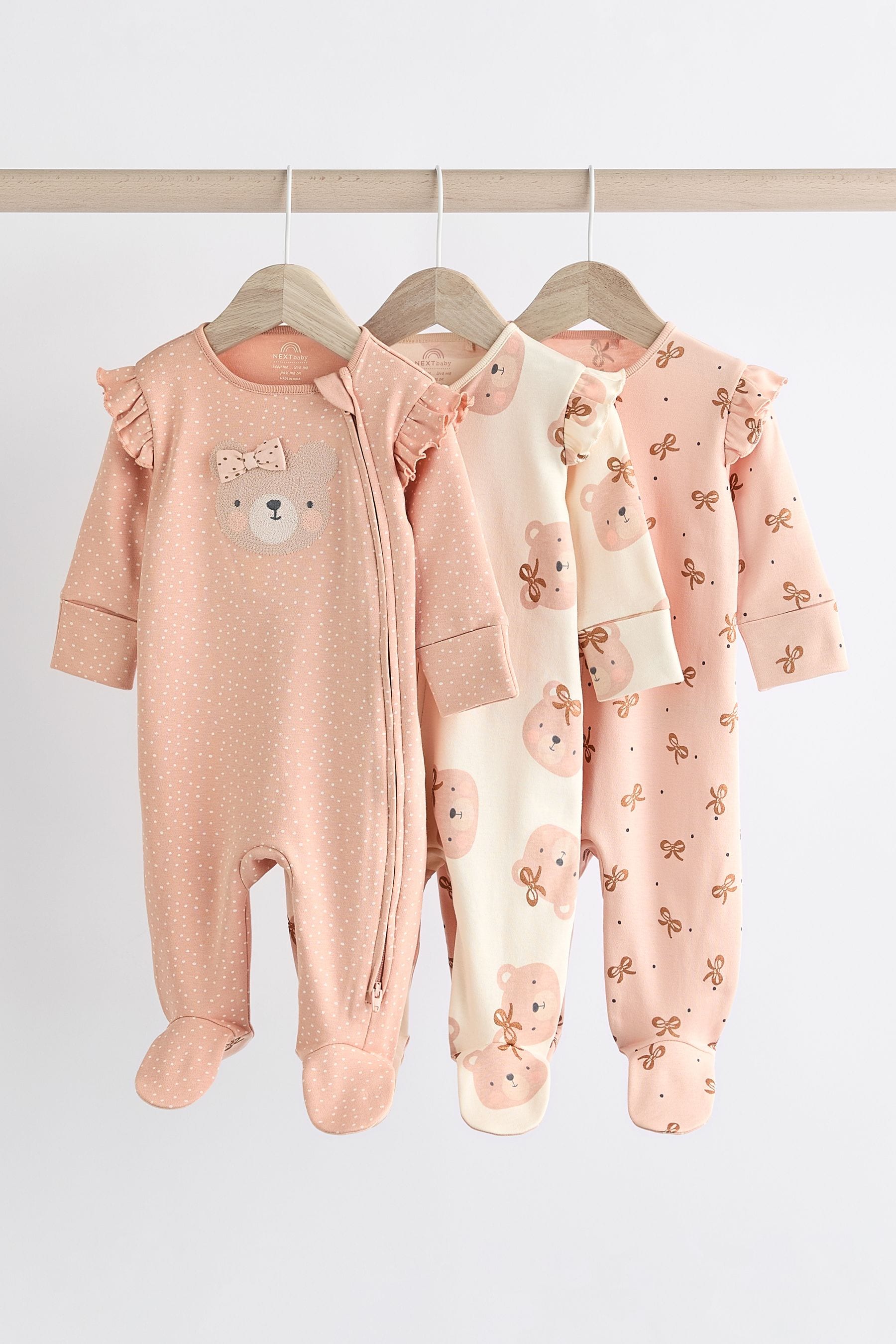 Pink Bear Baby Character Zip 100 Cotton Sleepsuits 3 Pack 0mths 2yrs