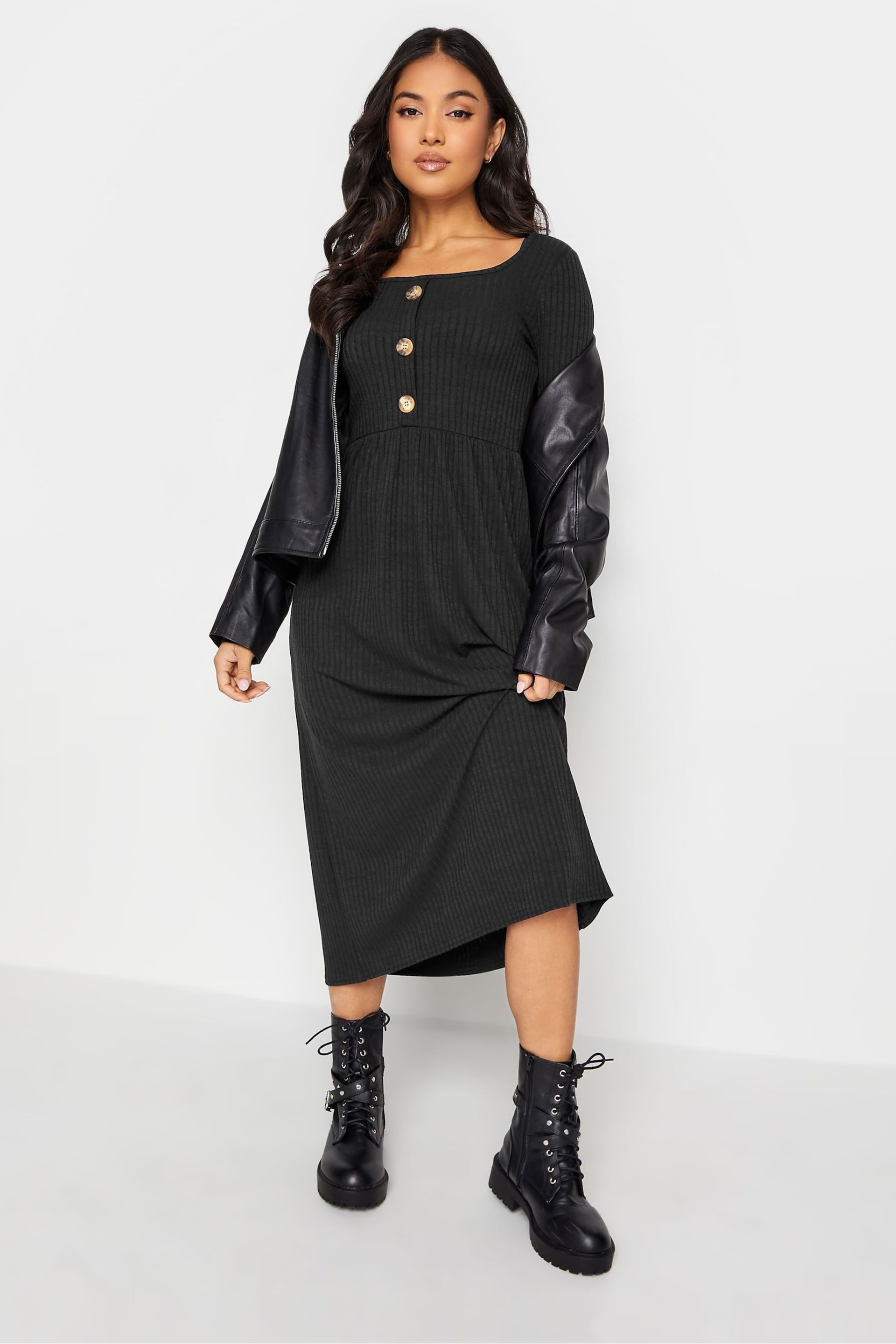 PixieGirl Petite Black Long Sleeve Ribbed Button Midaxi Dress - Image 2 of 4