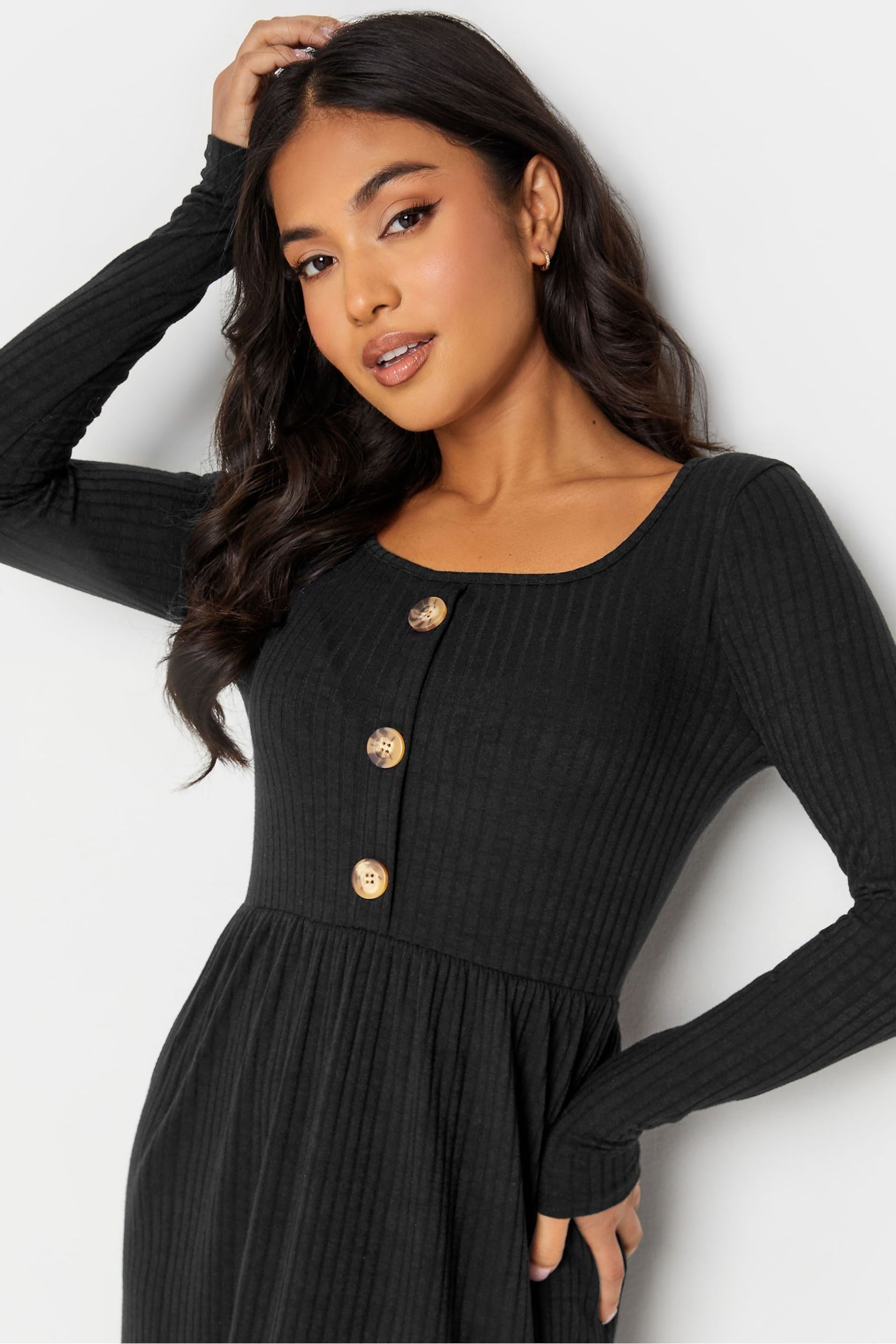 PixieGirl Petite Black Long Sleeve Ribbed Button Midaxi Dress - Image 4 of 4