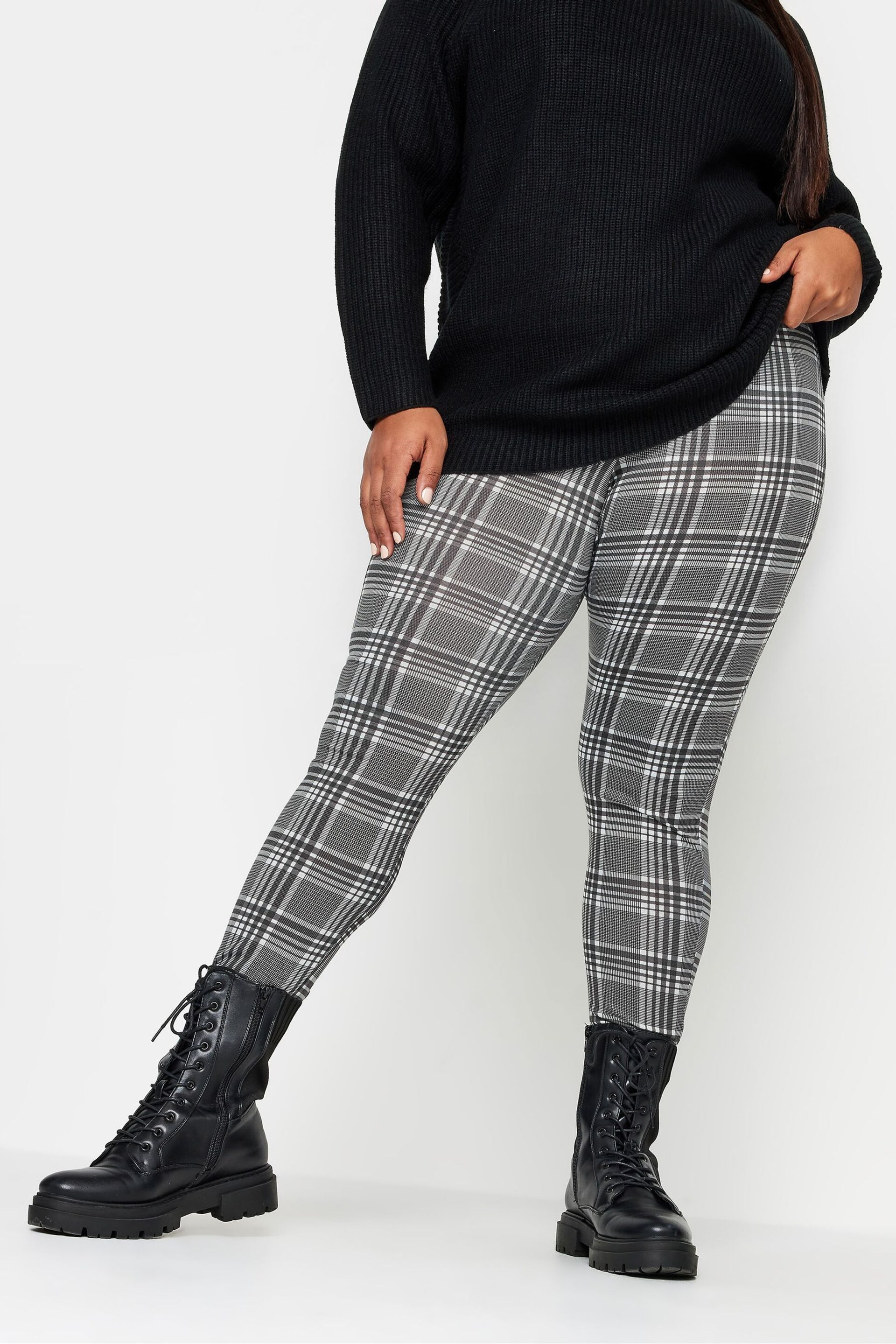 Yours Curve Grey Check Leggings - Image 1 of 4