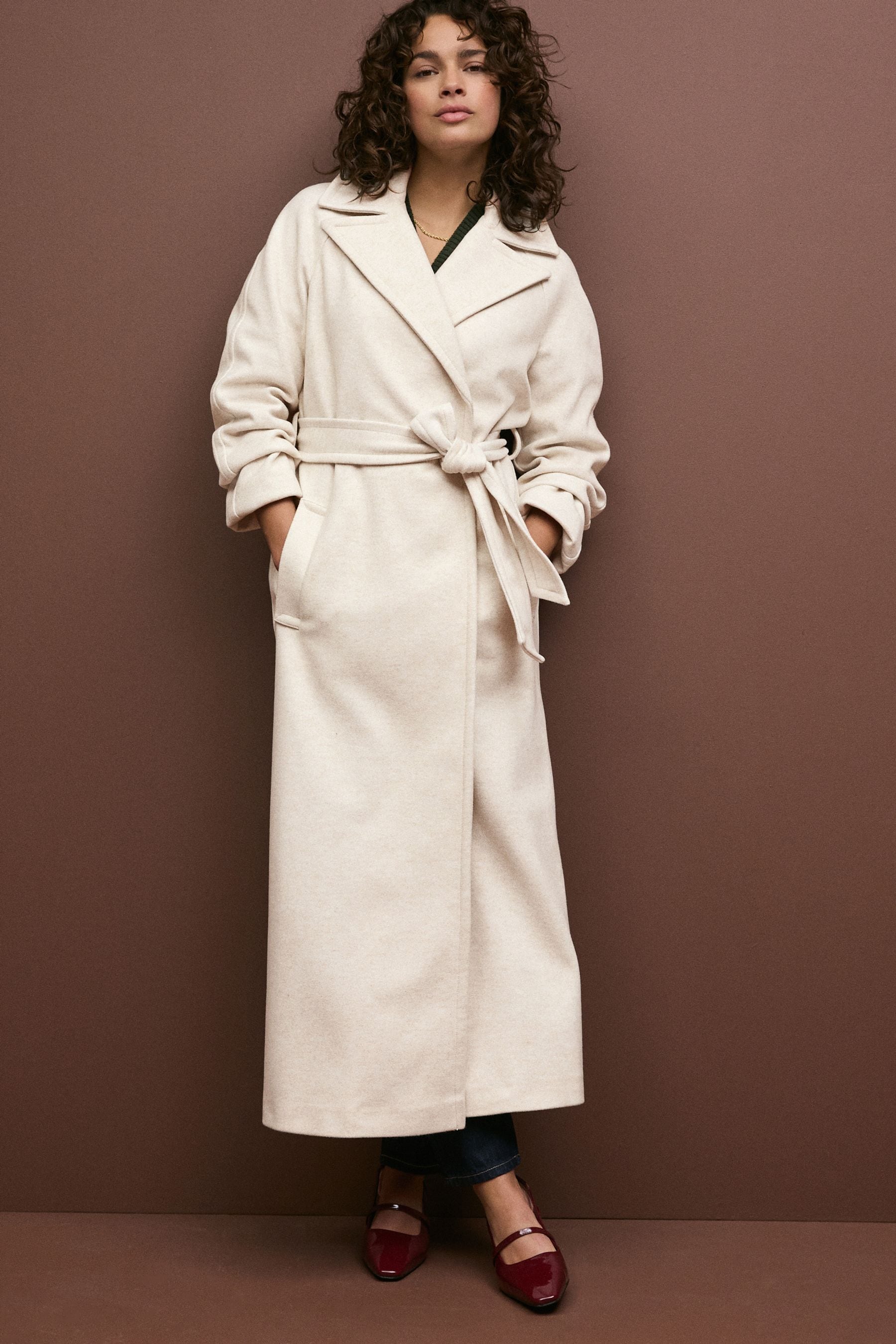 White Long Belted Coat