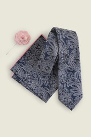 Navy Blue/Pink Textured Paisley Tie, Pocket Square And Pin Set - Image 2 of 8