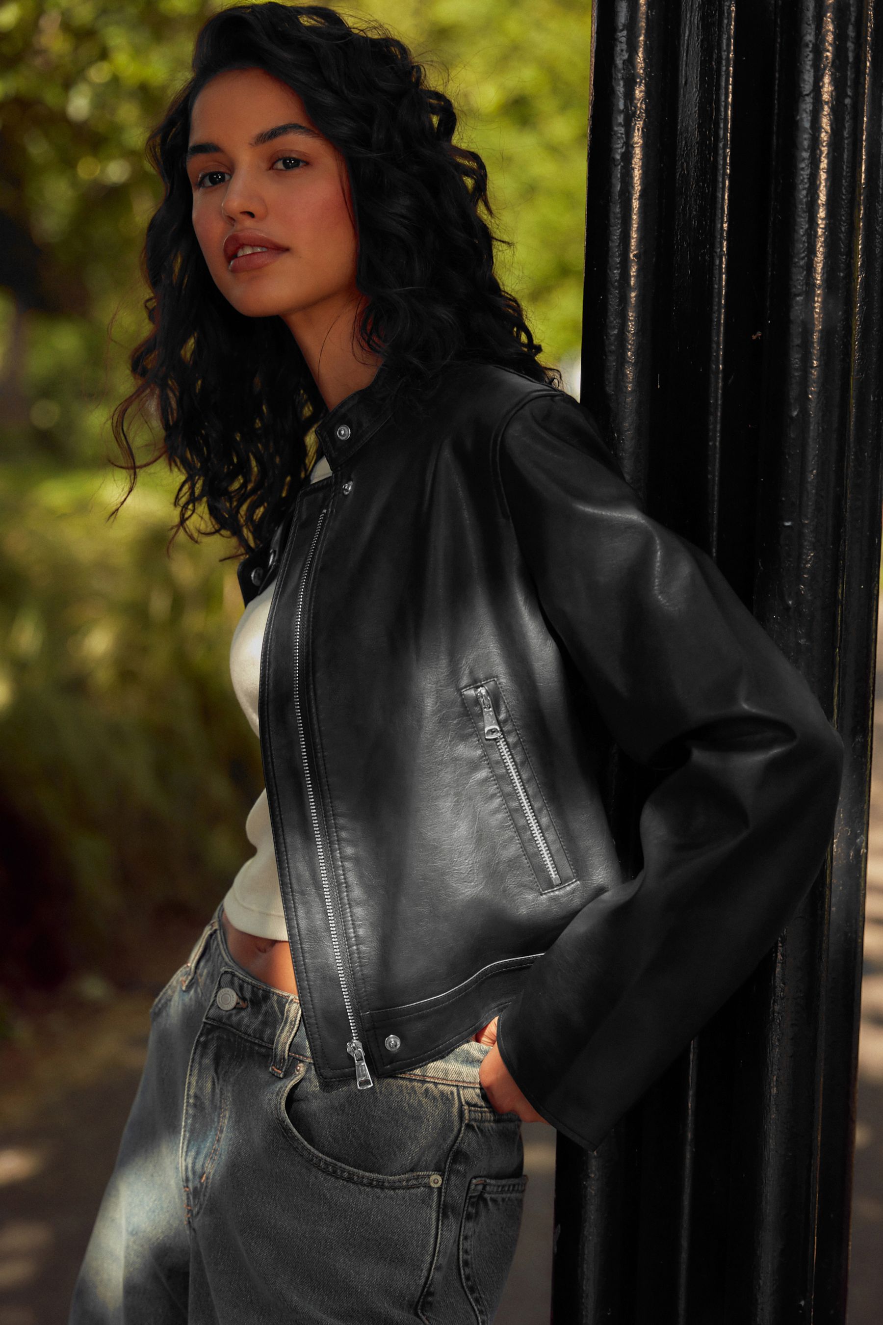 Buy Black Faux Leather Centre Front Collarless Biker Jacket from Next Ireland