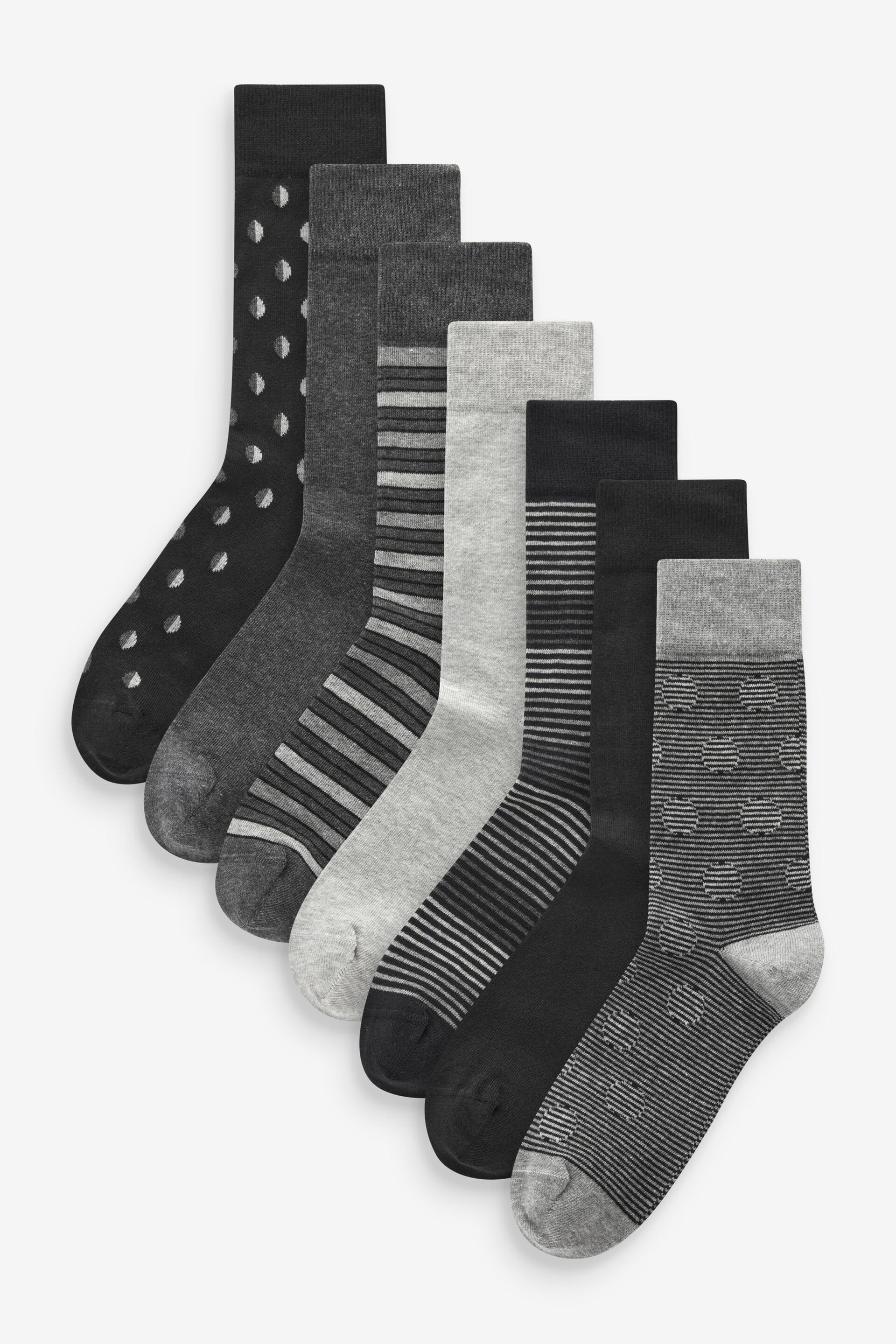 Black/Grey Pattern 7 Pack Mens Cotton Rich Socks - Image 1 of 10