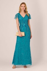 Adrianna Papell Blue Flutter Sleeve Beaded Gown - Image 3 of 7