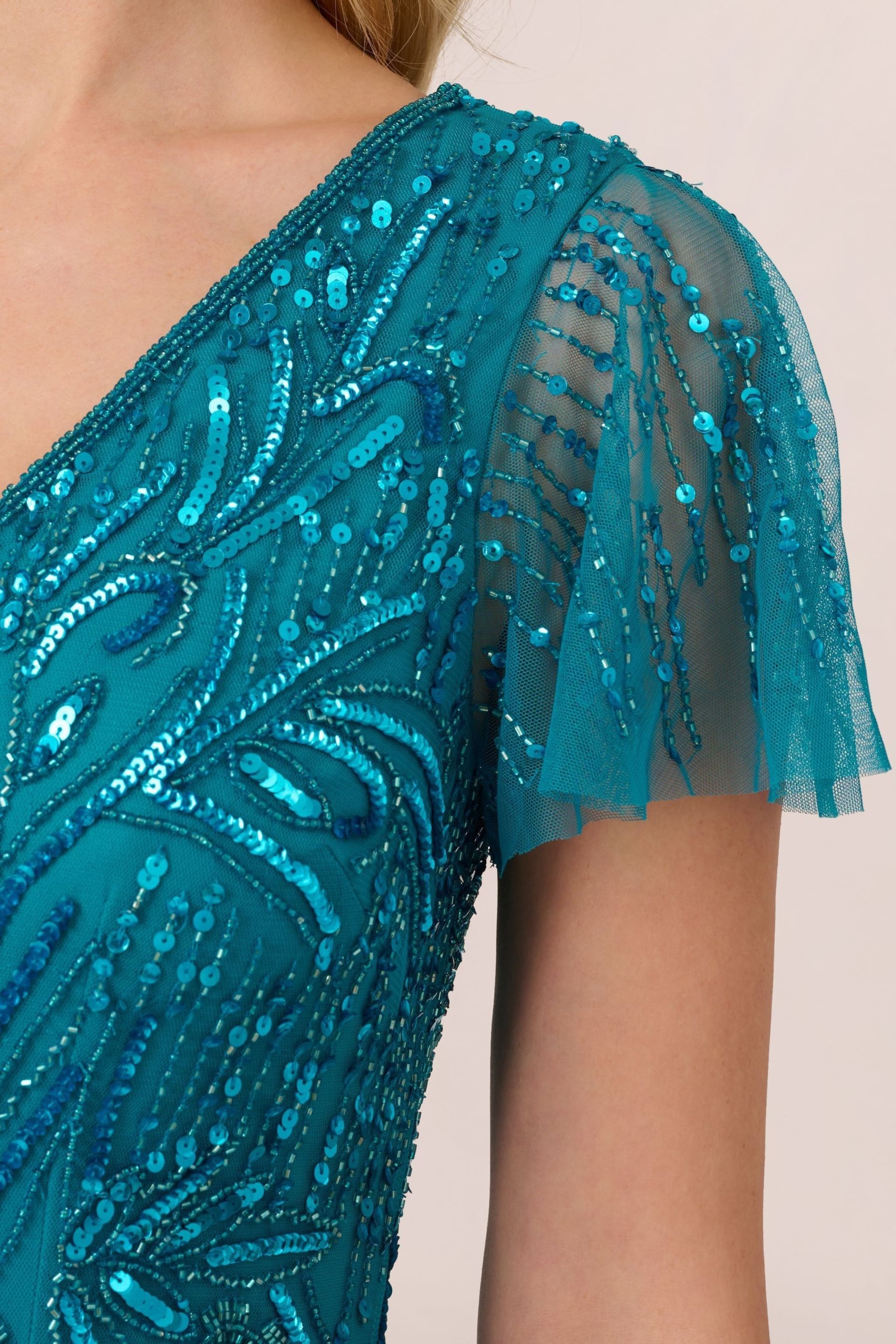 Adrianna Papell Blue Flutter Sleeve Beaded Gown - Image 5 of 7