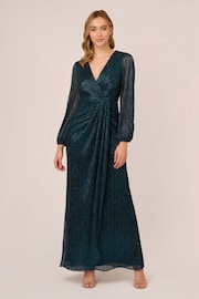 Adrianna Papell Blue Metallic Mesh Draped Gown - Image 1 of 7