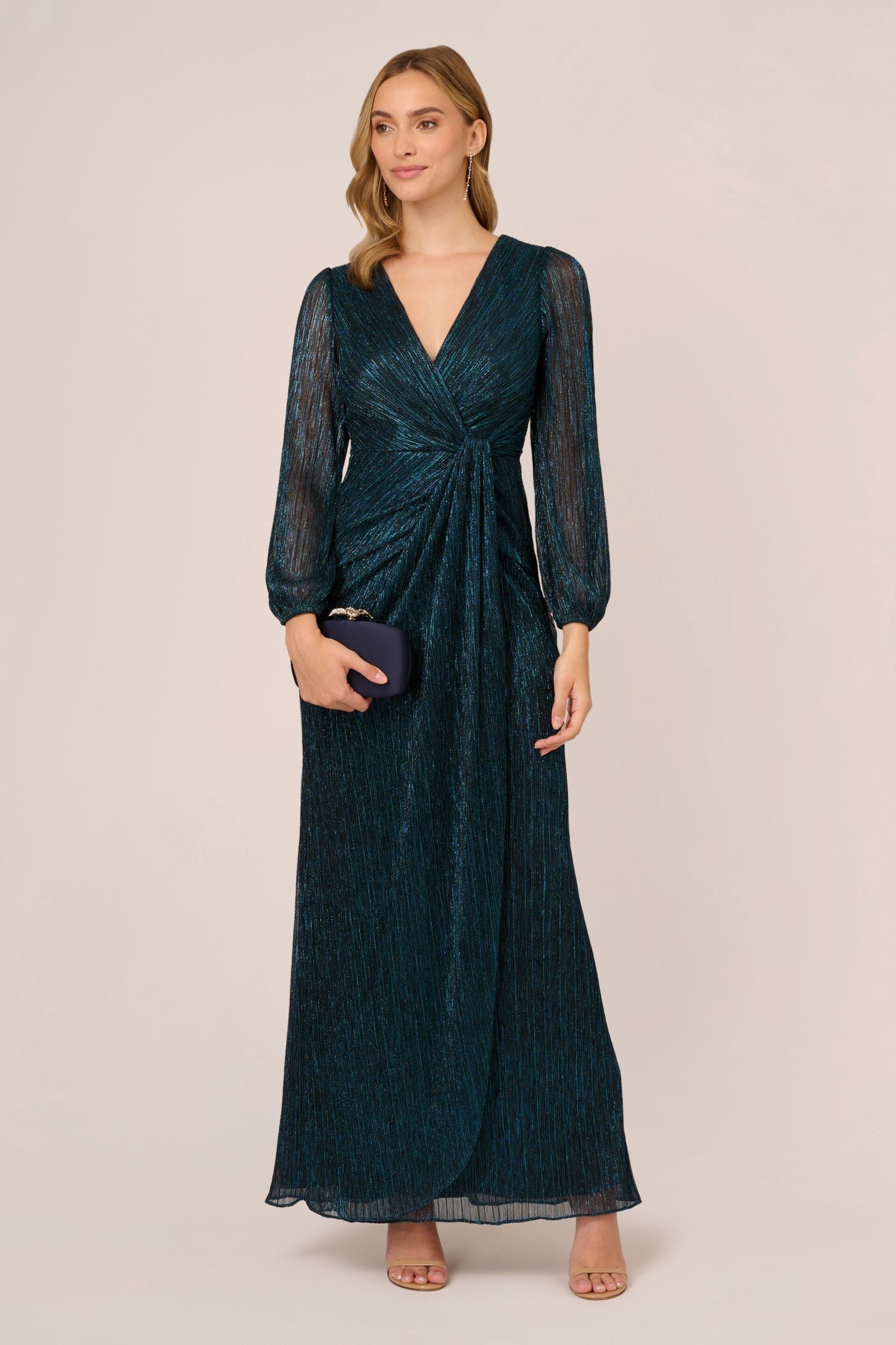 Adrianna Papell Blue Metallic Mesh Draped Gown - Image 3 of 7