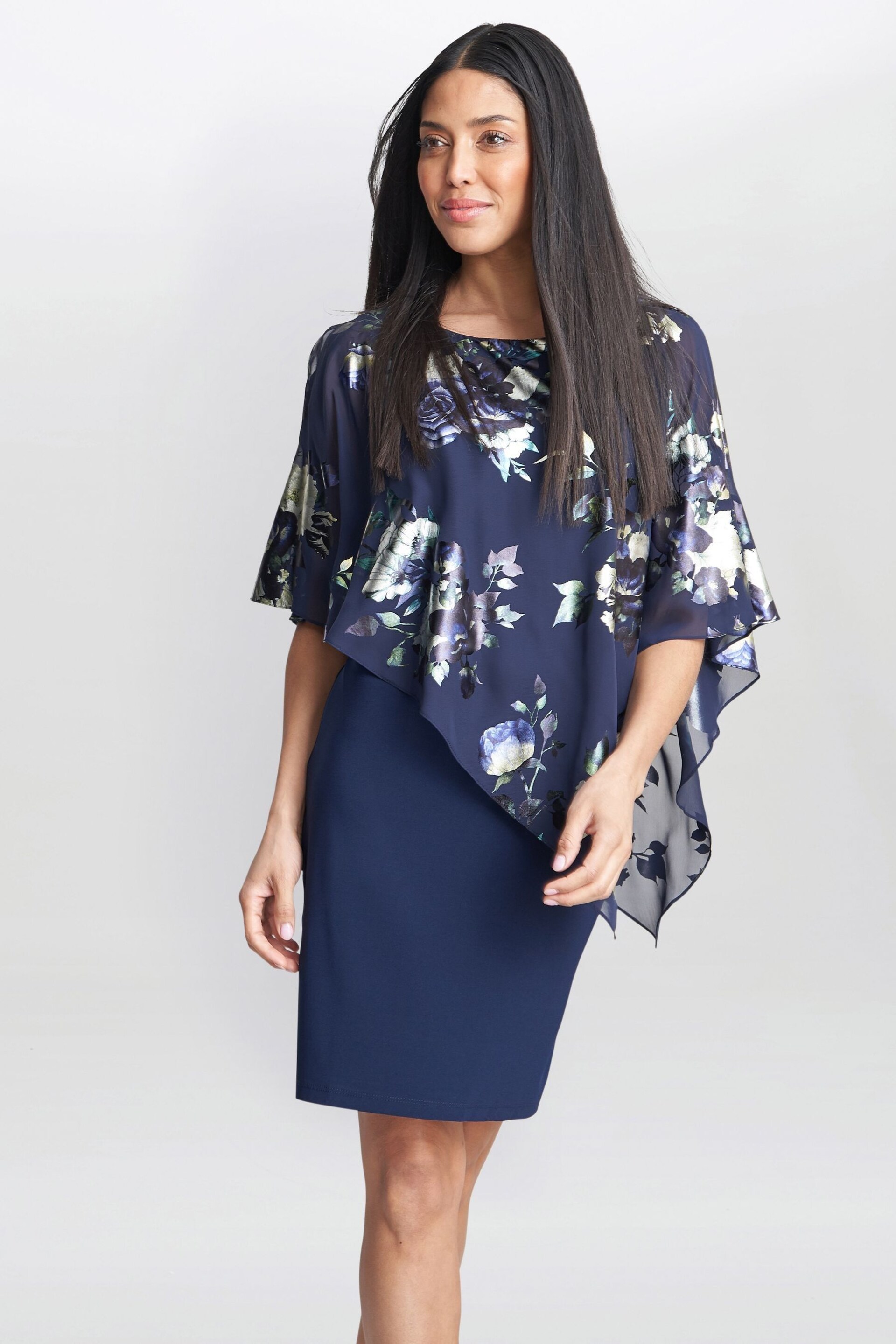 Gina Bacconi Blue Gaby Floral Printed Asymmetric Dress - Image 3 of 5