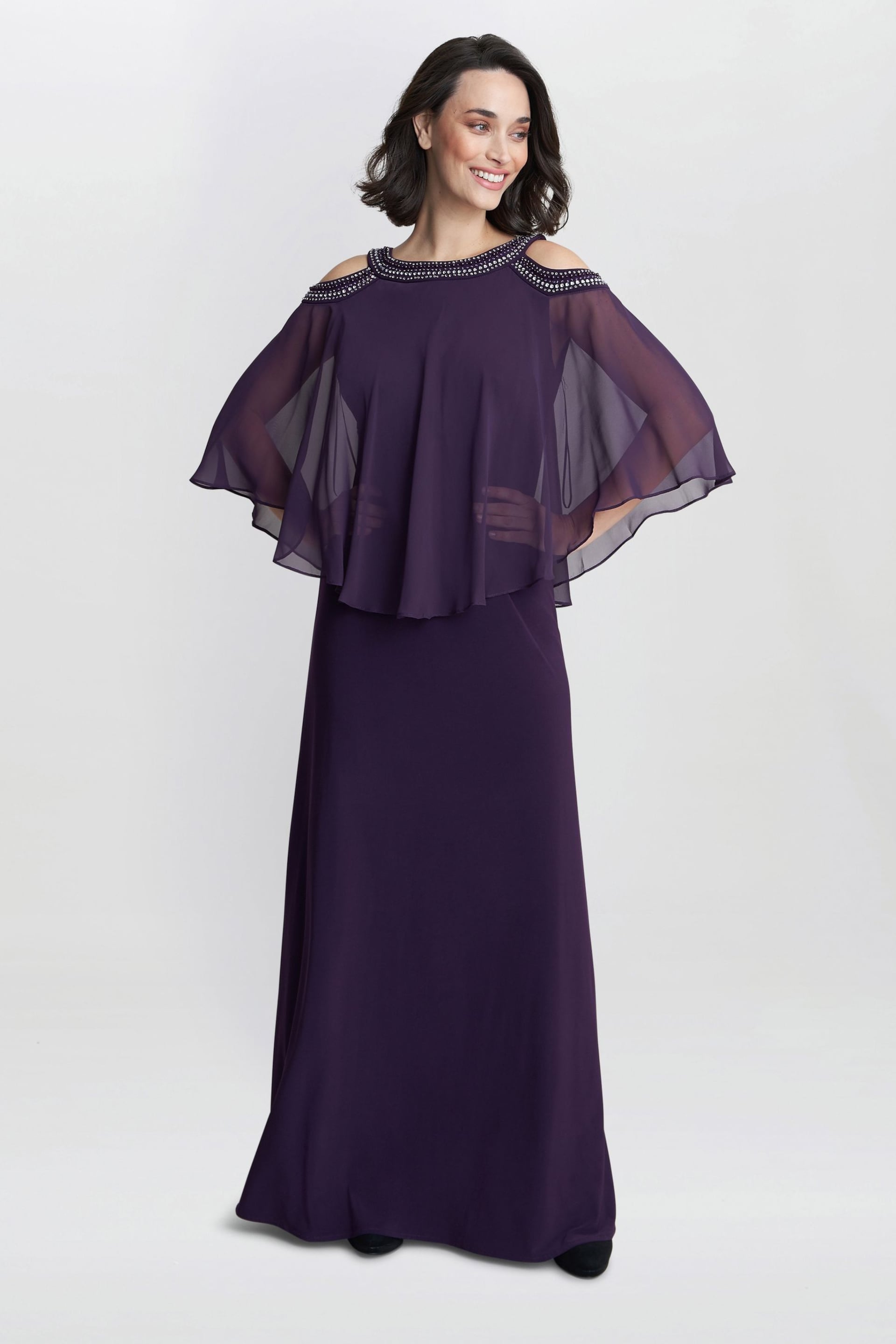 Gina Bacconi Purple Audrey Cold Shoulder Popover Gown With Beaded Neckline - Image 1 of 6