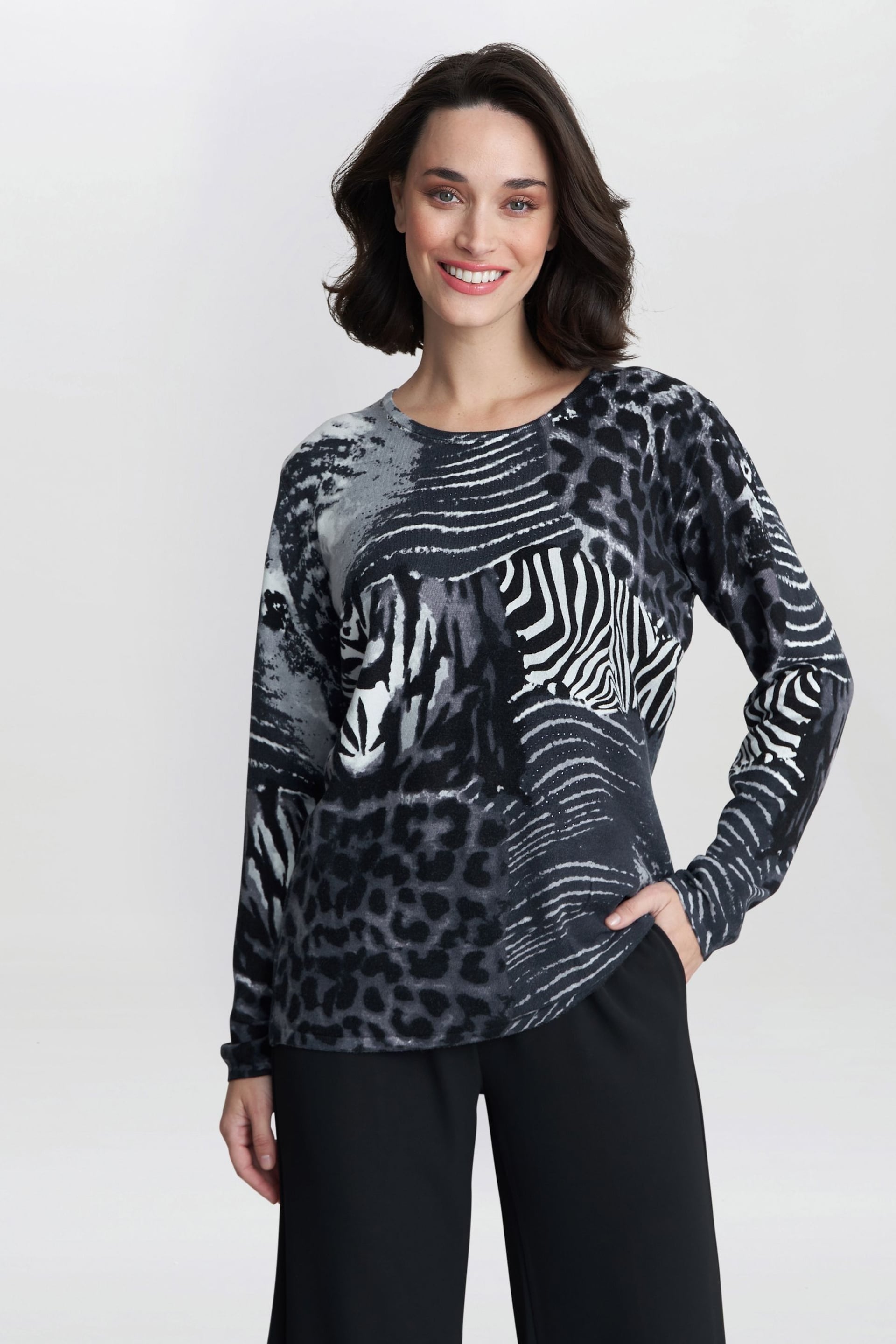 Gina Bacconi Grey Riley Animal Print Jumper With Diamantes - Image 1 of 6