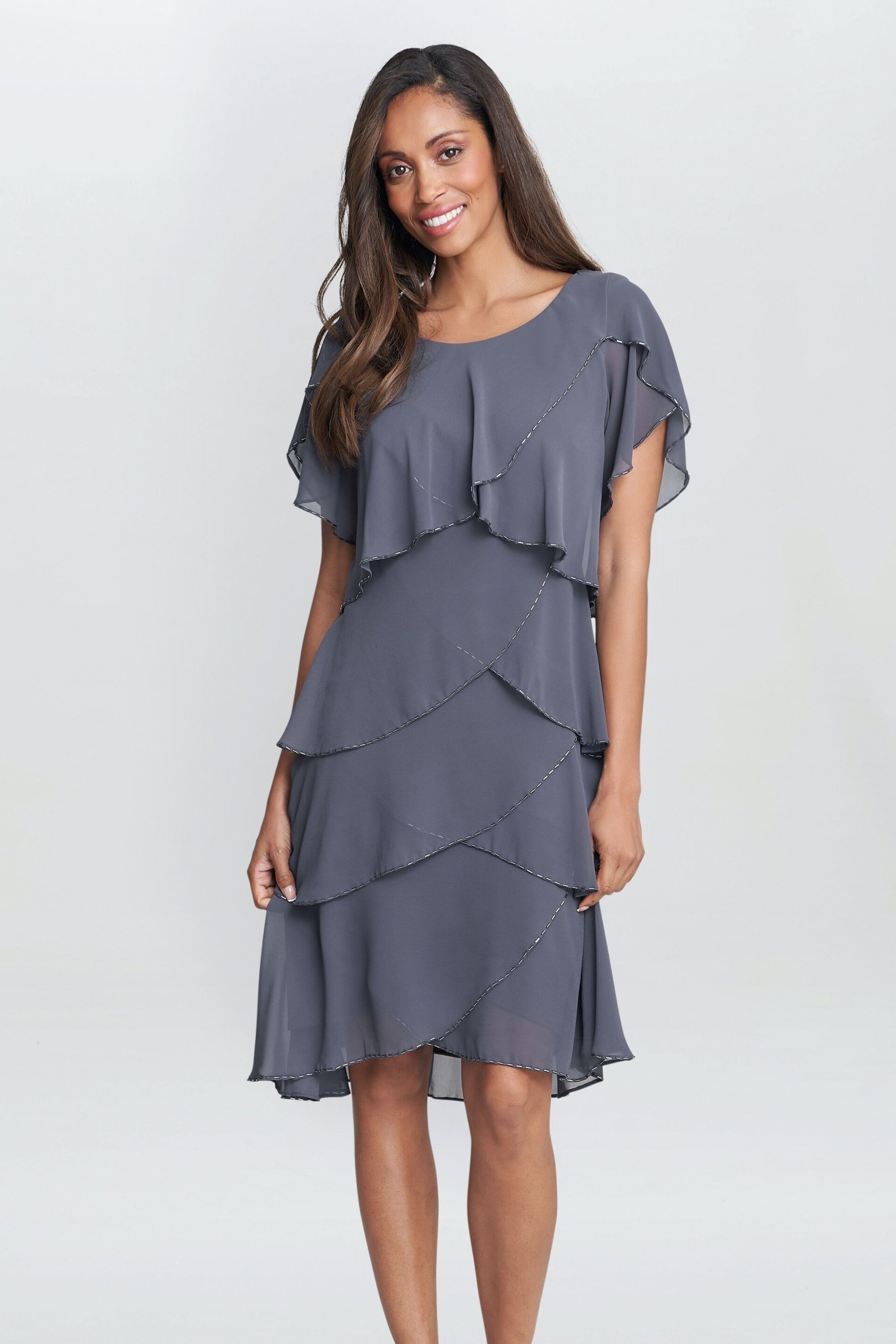 Gina Bacconi Grey Trysta Bugle Beaded Trim Tiered Cocktail Dress With Flitter Sleeves - Image 1 of 5