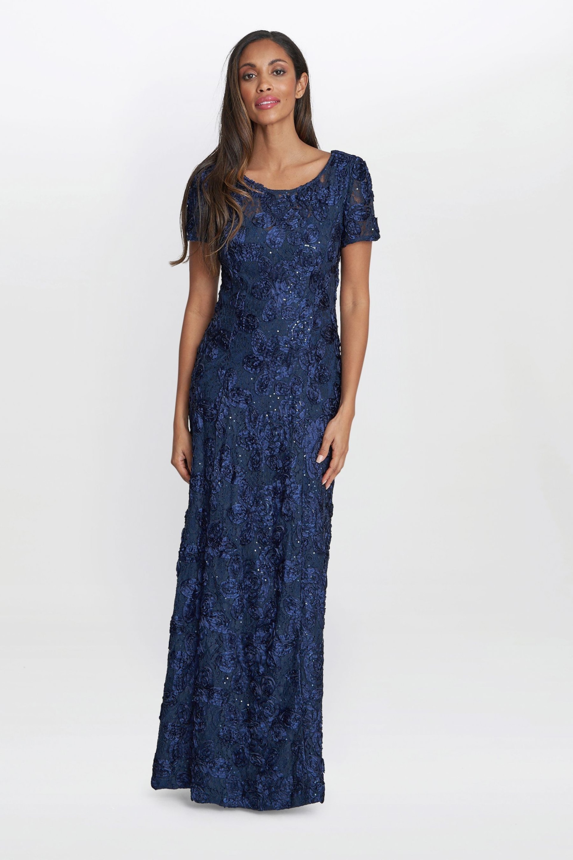 Gina Bacconi Blue Nancy Dress With Rosette Sequin Detail - Image 1 of 5