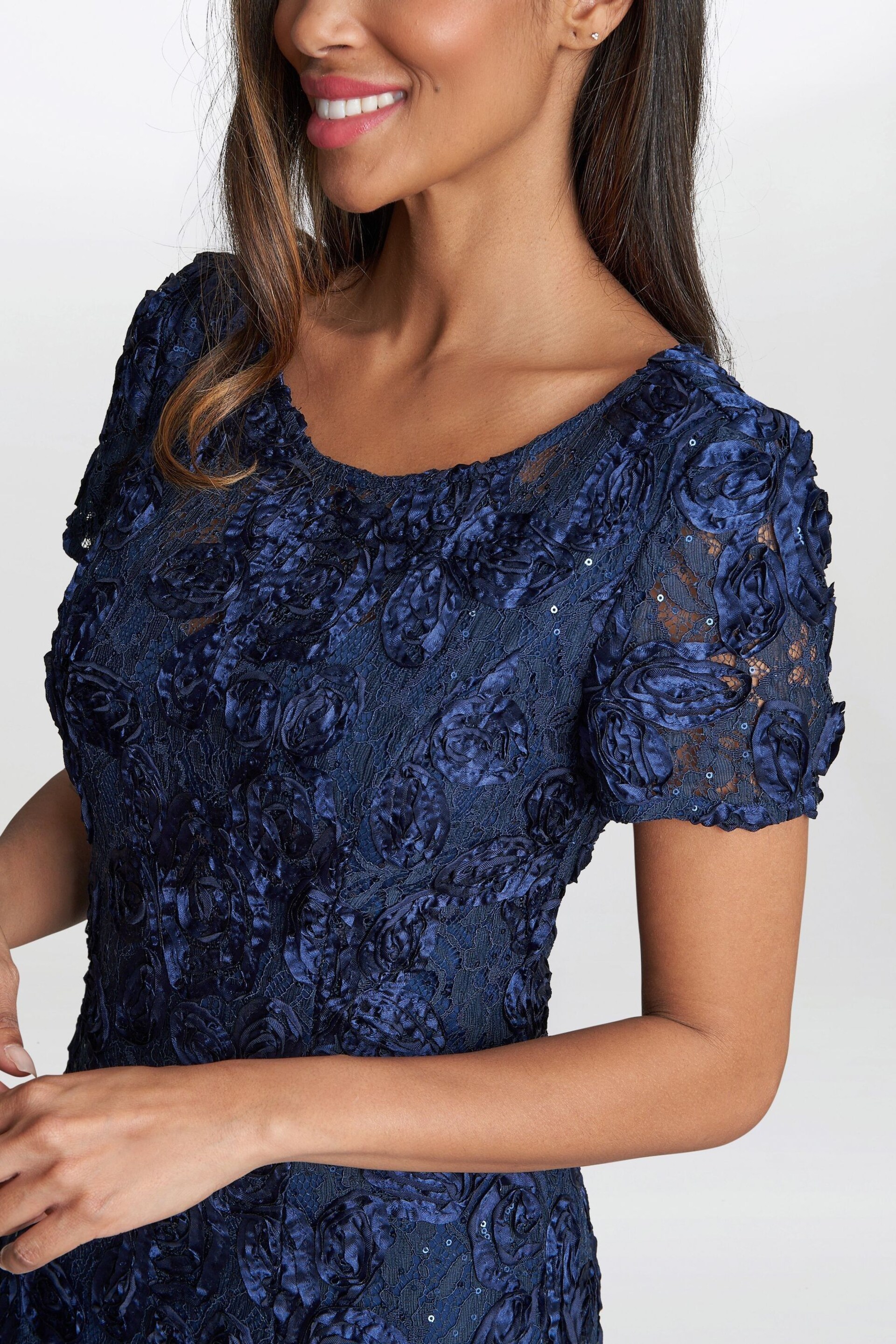 Gina Bacconi Blue Nancy Dress With Rosette Sequin Detail - Image 4 of 5