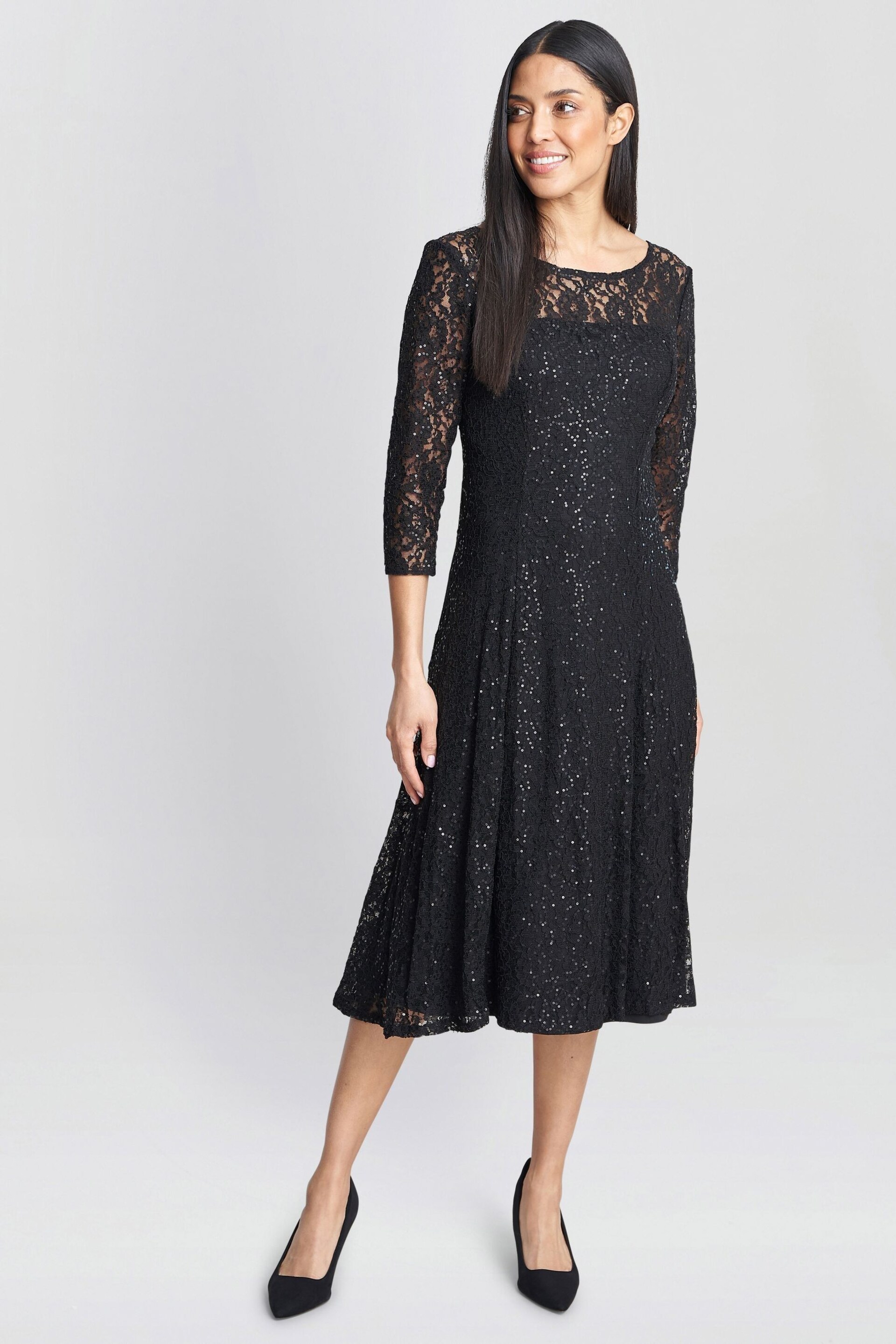 Gina Bacconi Black Elianna Midi-Length Sequin Lace 3/4 Sleeve Cocktail Dress - Image 3 of 6