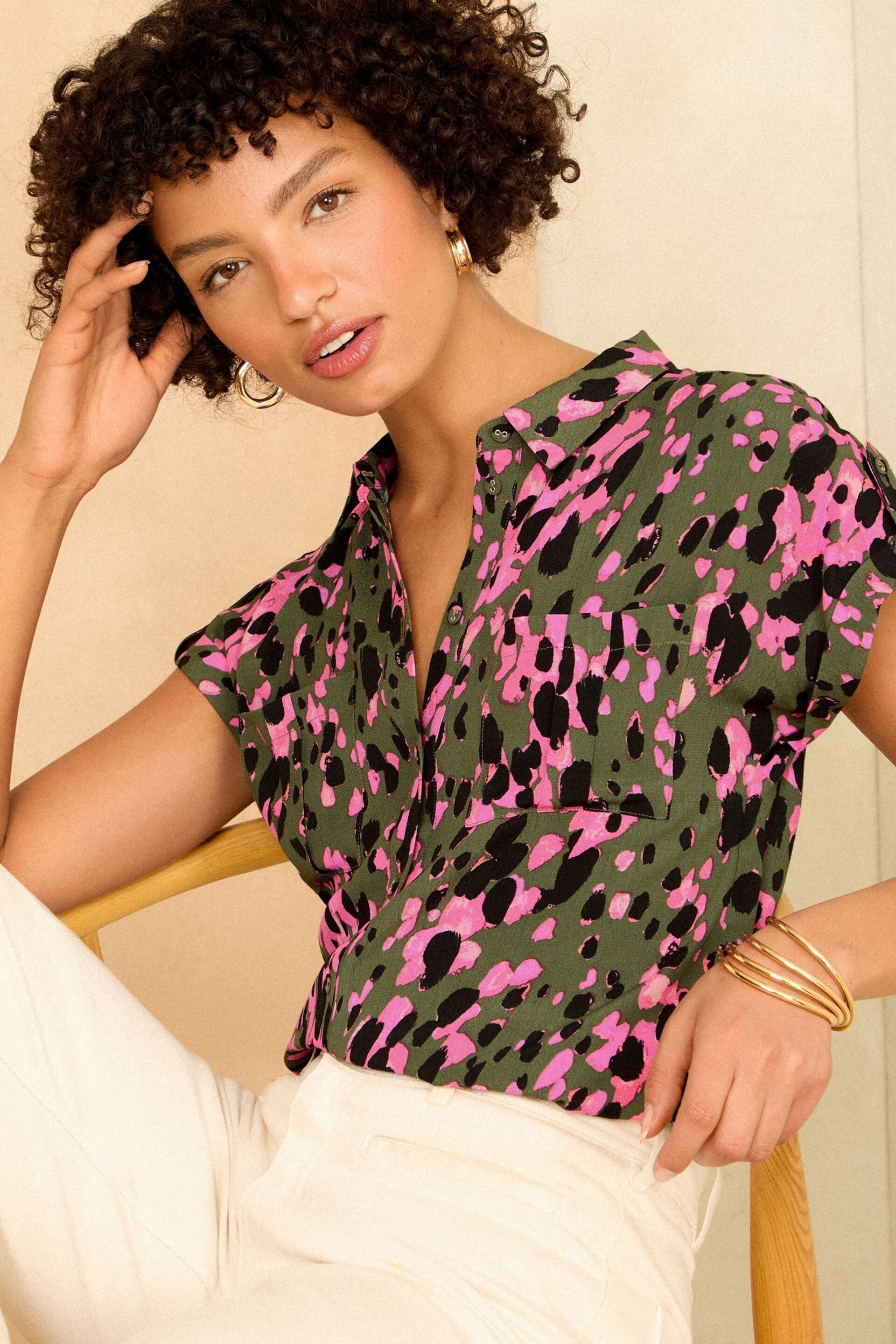 Love & Roses Khaki Green Roll Sleeve Utility Shirt - Image 1 of 4