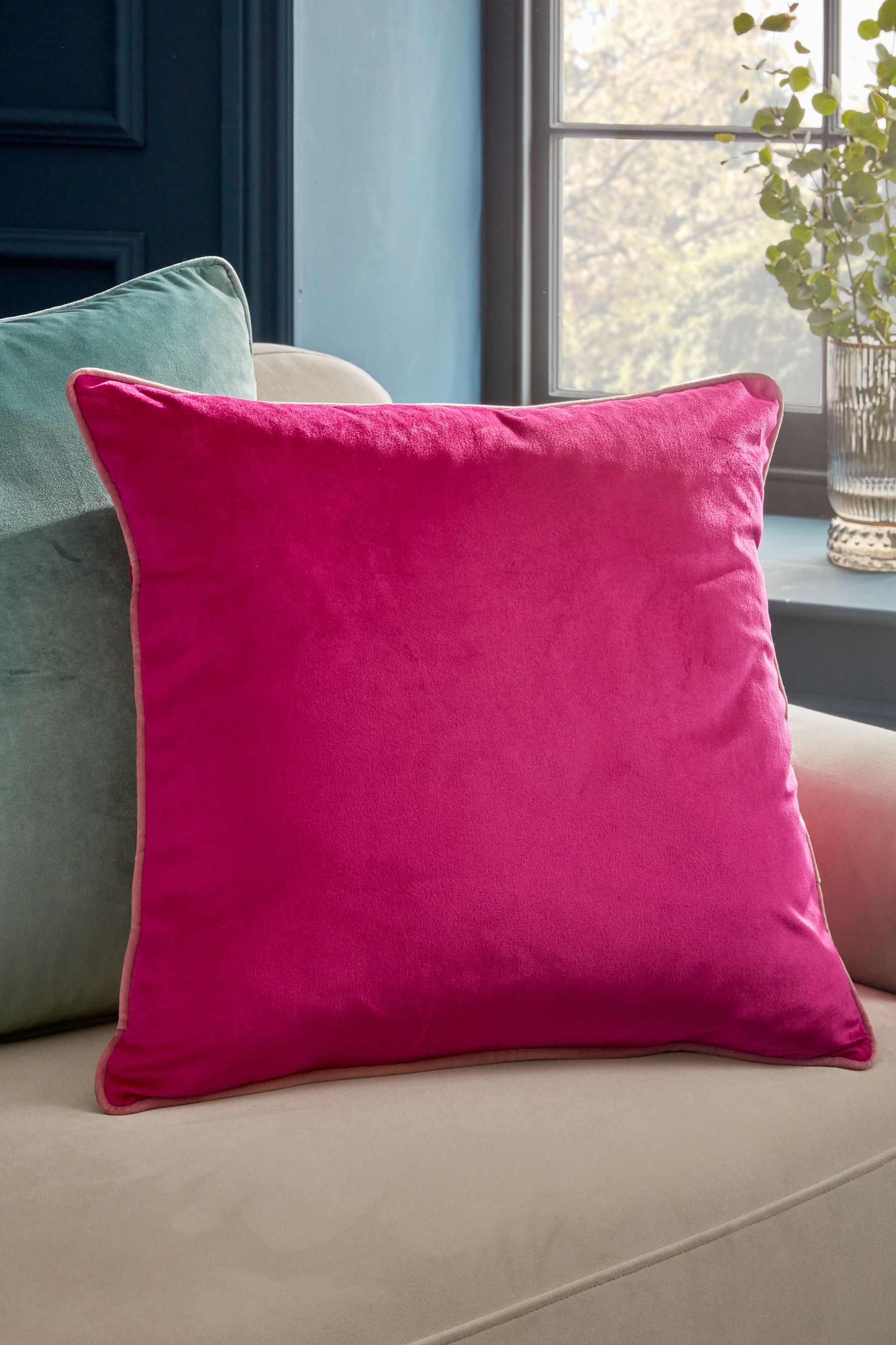 Buy Fuchsia Pink 50 x 50cm Matte Velvet Contrast Pipe Cushion from the Next UK online shop