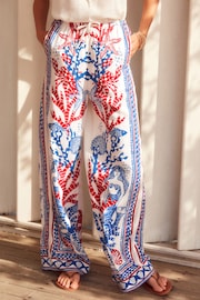 White Blue Red Placement Print Tie Waist Wide Leg Trousers with Linen - Image 2 of 7
