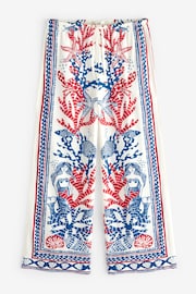 White Blue Red Placement Print Tie Waist Wide Leg Trousers with Linen - Image 6 of 7