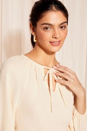 Friends Like These Stone Cream 3/4  Sleeve Tie Neck Crinkle Cotton Blouson Blouse - Image 2 of 4