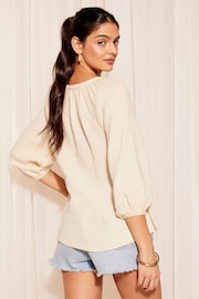 Friends Like These Stone Cream 3/4  Sleeve Tie Neck Crinkle Cotton Blouson Blouse - Image 4 of 4