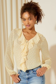 Friends Like These Rusted Orange Long Sleeve Tie Front Double Ruffle Blouse - Image 1 of 4