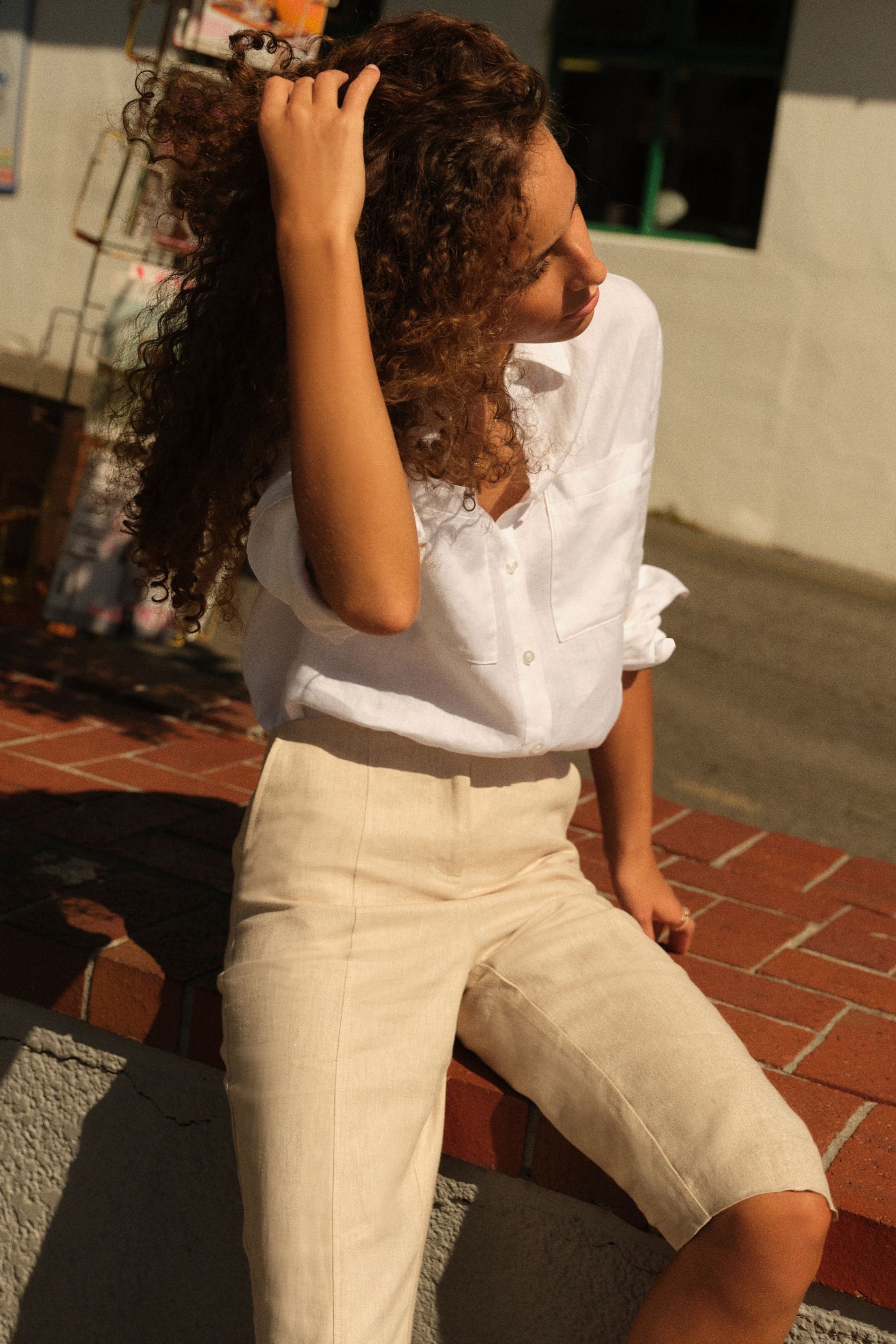 Neutral Linen Blend Cropped Capri Trousers - Image 1 of 6