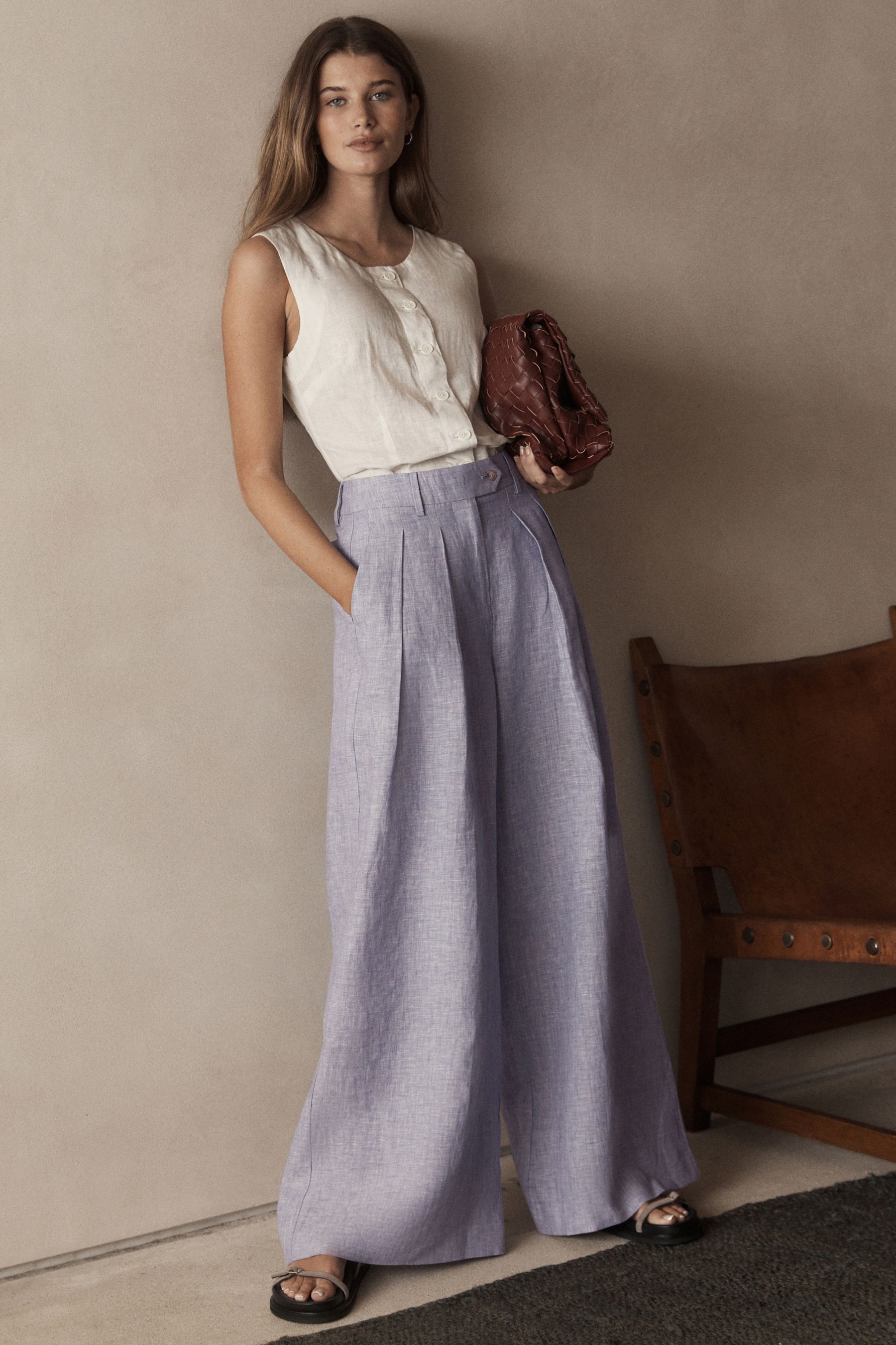 Buy Lilac Purple Textured 100 Linen Wide Leg Trousers from Next Luxembourg