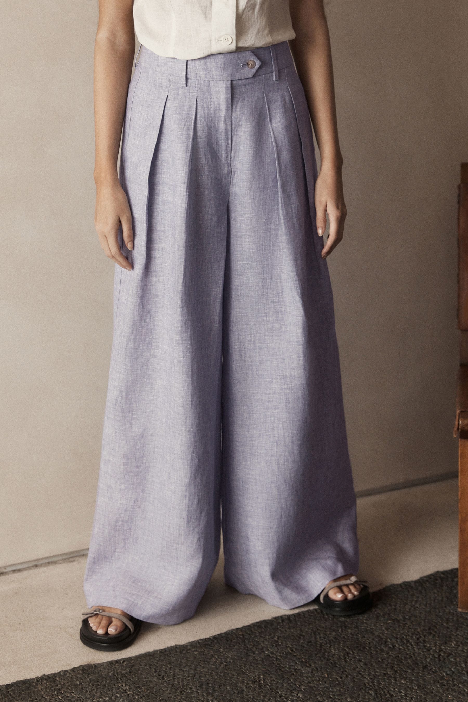 Buy Lilac Purple Textured 100 Linen Wide Leg Trousers from Next Luxembourg