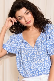 Friends Like These Blue Floral Tie Neck Bubble Hem Puff Sleeve Top - Image 2 of 4