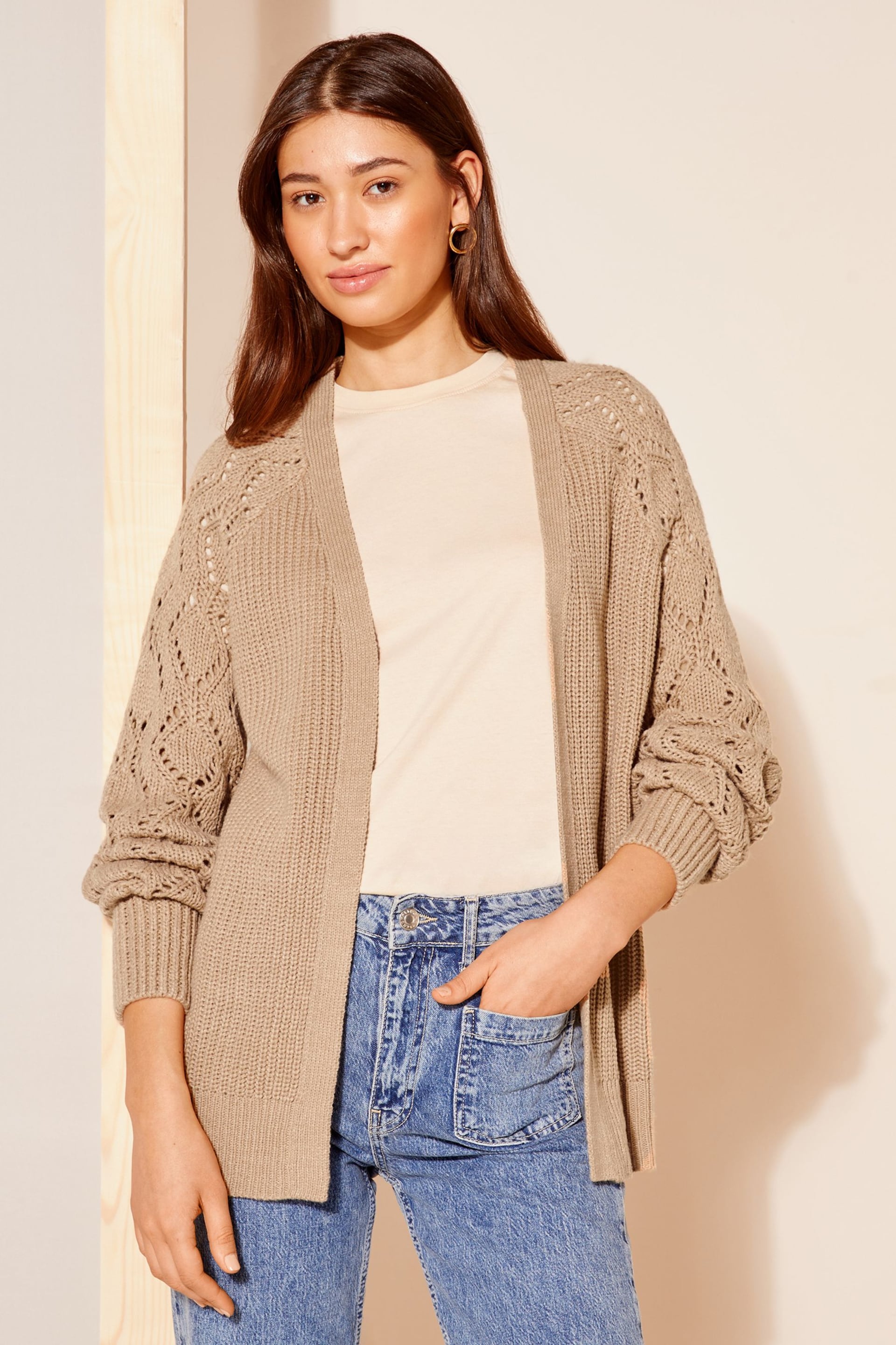 Friends Like These Camel Stitch Sleeve Crochet Cardigan - Image 1 of 4