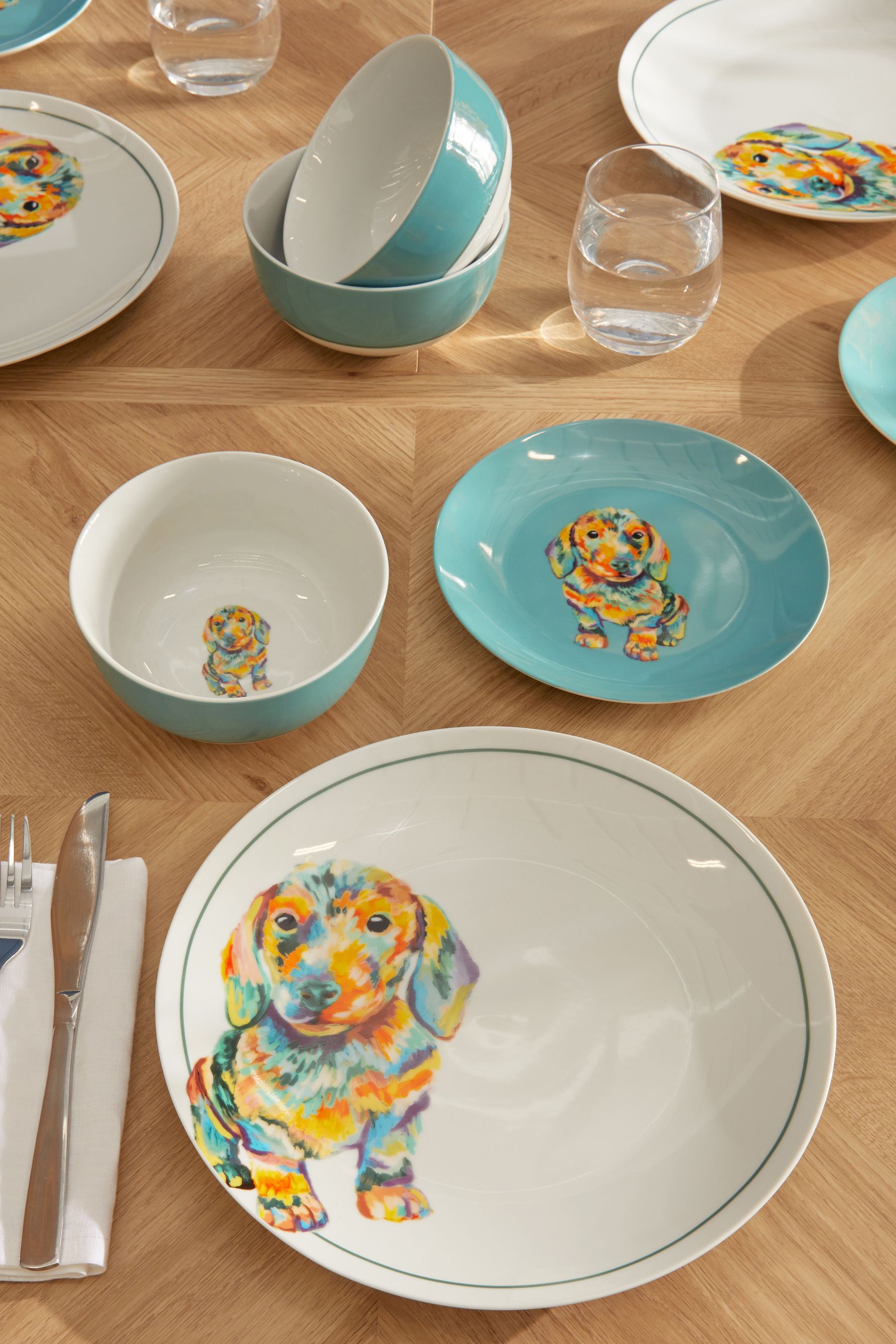 12 Piece Teal Blue Sausage Dog Dinner Set