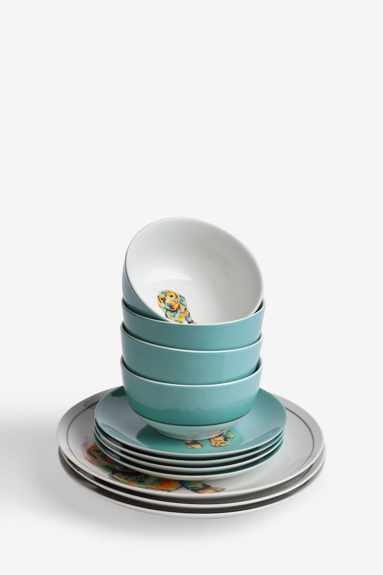 12 Piece Teal Blue Sausage Dog Dinner Set - Image 3 of 3