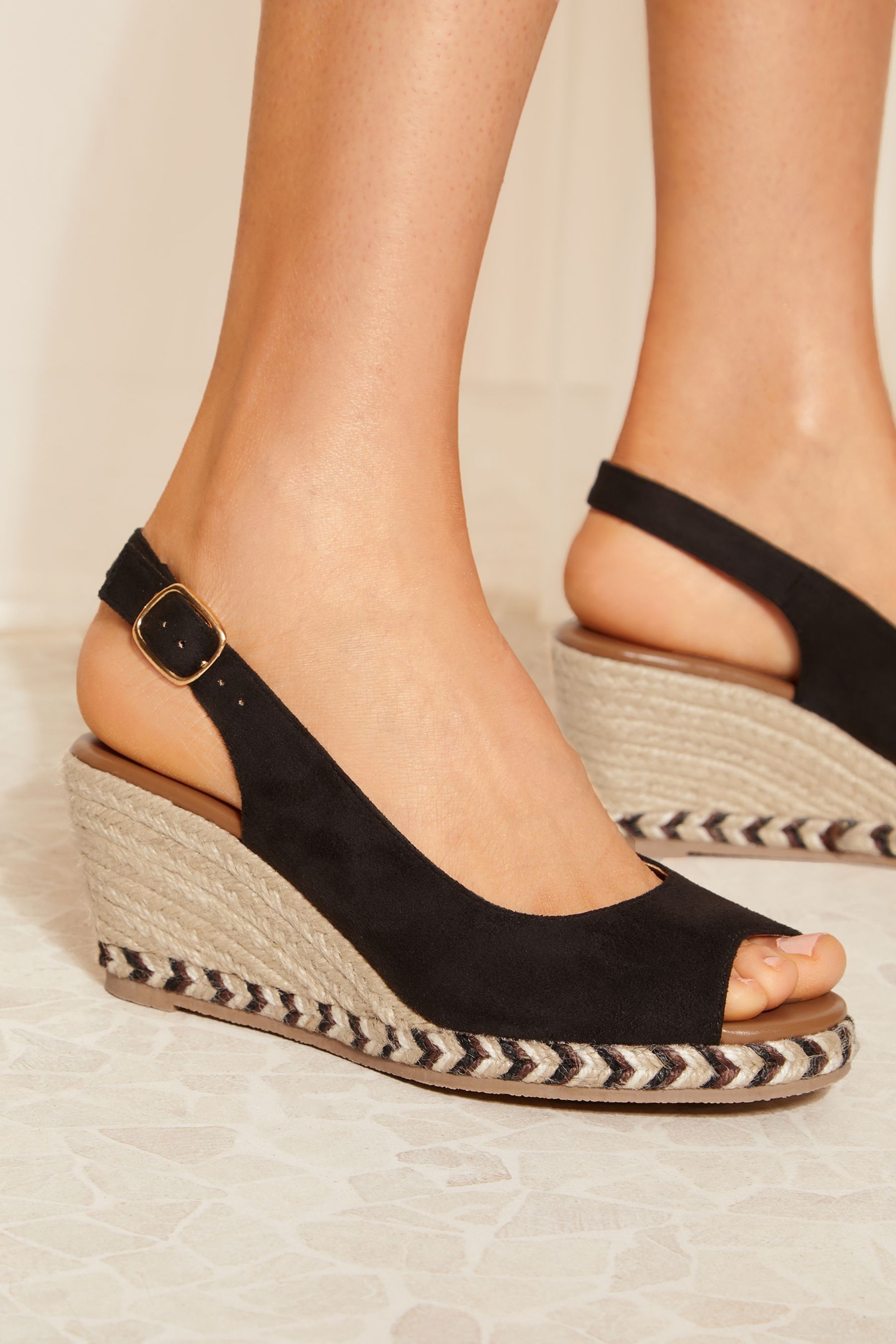 Friends Like These Black Slingback Peep Toe Espadrille Wedges